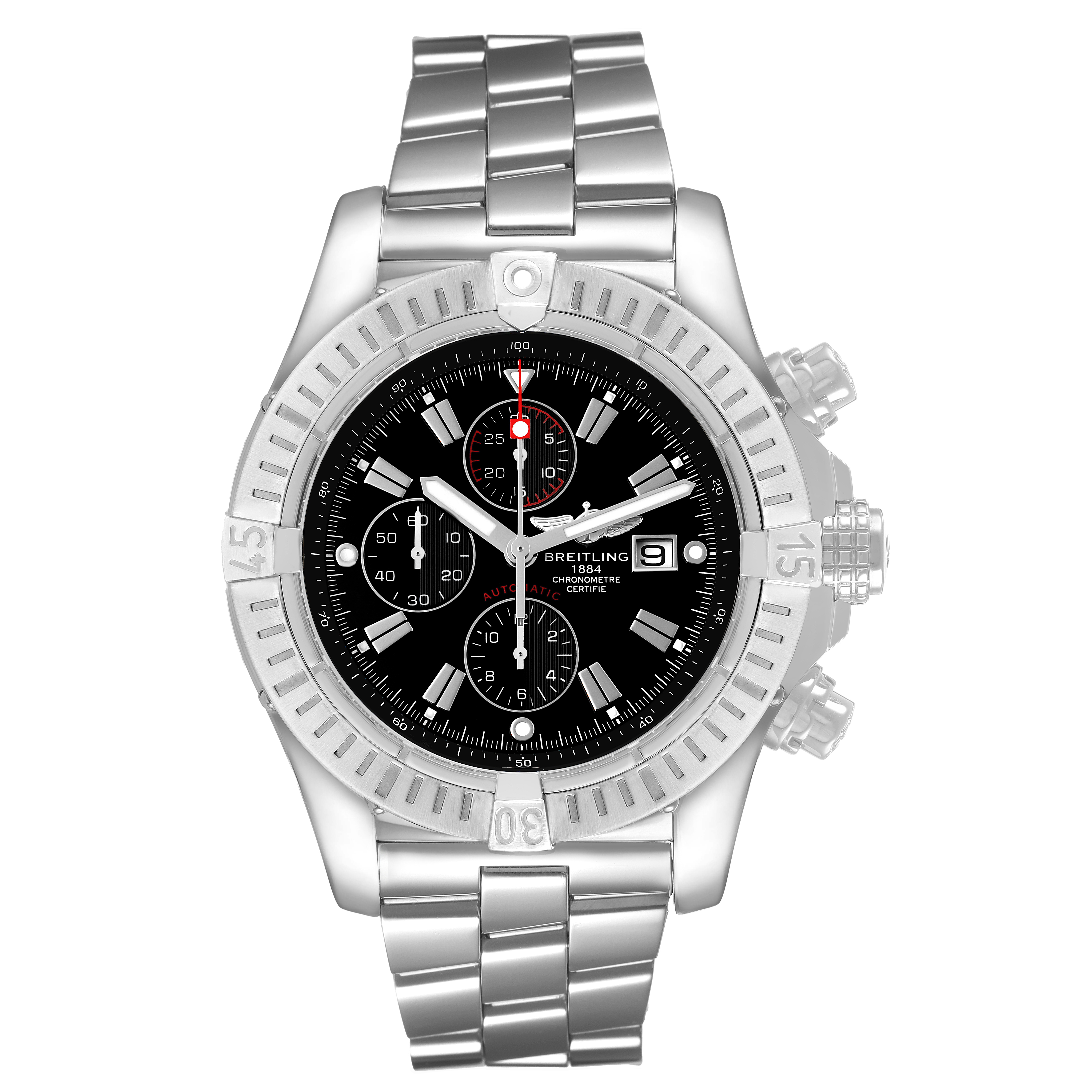 The Breitling Avenger A1337011 / B907 Men's Stainless Steel Black Dial watch is shown from a frontal angle, highlighting the dial, bezel, and metal bracelet.