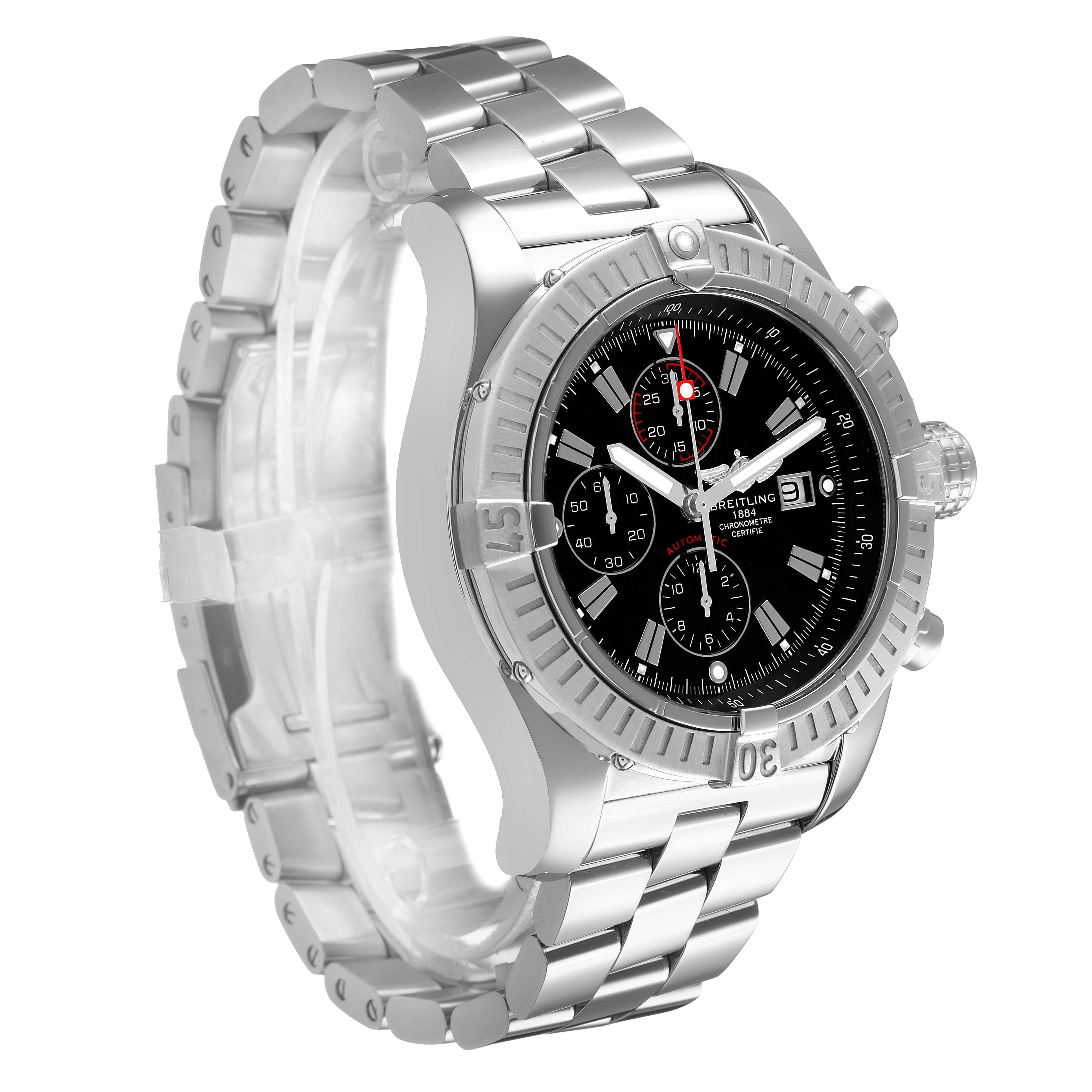 The Breitling Avenger A1337011 / B907 Men's Stainless Steel Black Dial watch is shown at a three-quarter angle, displaying the face, bezel, and stainless steel bracelet.