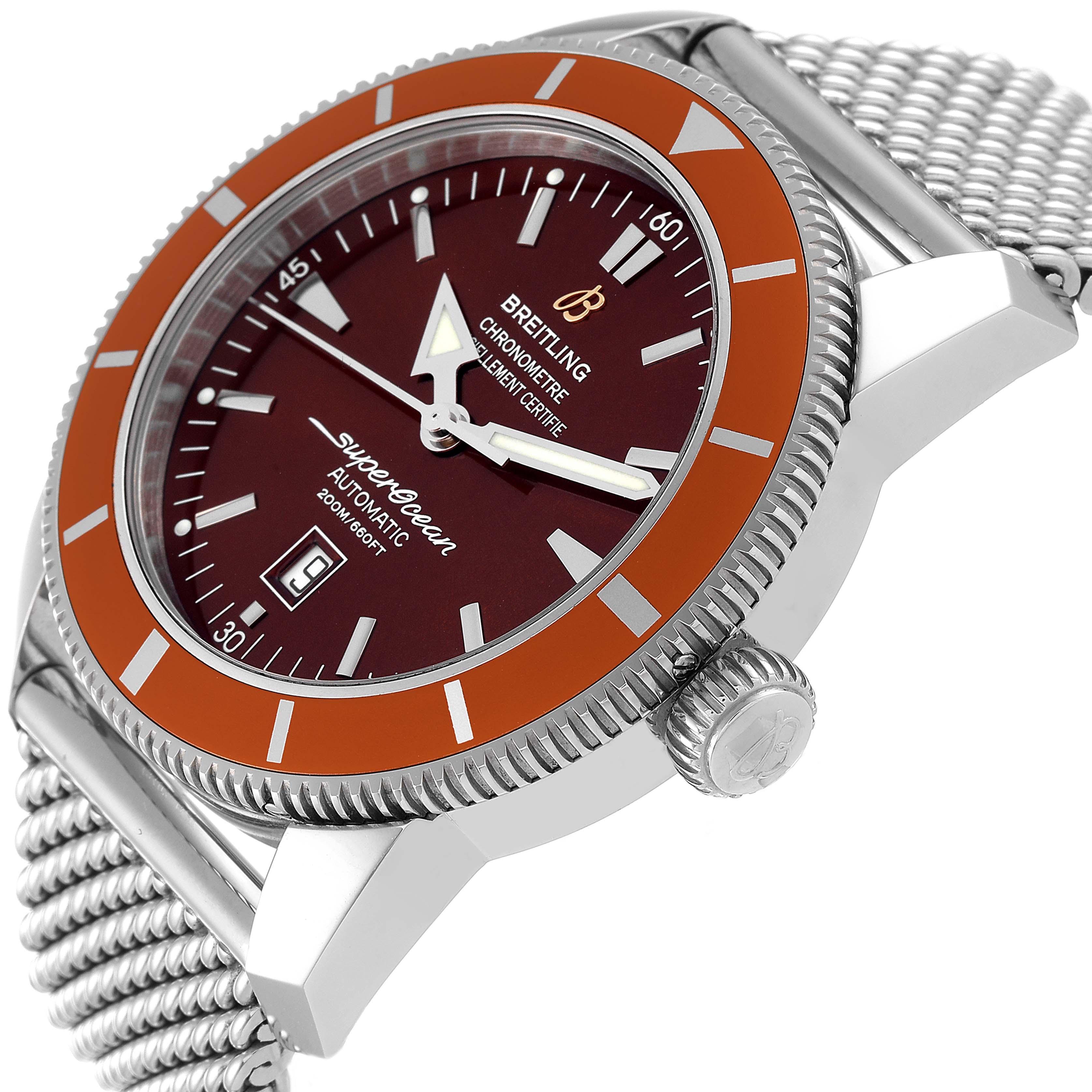 This image shows a side angle of the Breitling Superocean A17320 Men's Stainless Steel Brown Dial A17320 Men's Stainless Steel Brown Dial watch, highlighting its dial, bezel, crown, and metal mesh band.