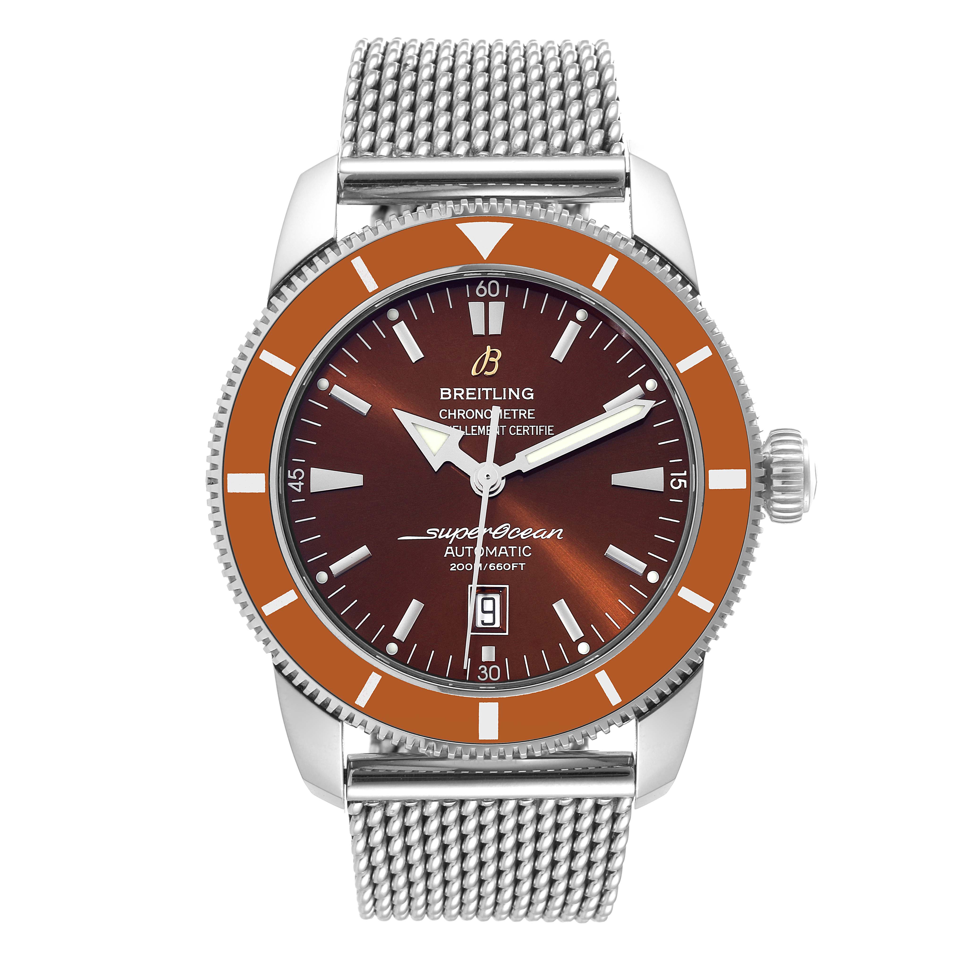 The image shows a frontal view of the Breitling Superocean A17320 Men's Stainless Steel Brown Dial A17320 Men's Stainless Steel Brown Dial watch, highlighting its dial, bezel, and mesh band.