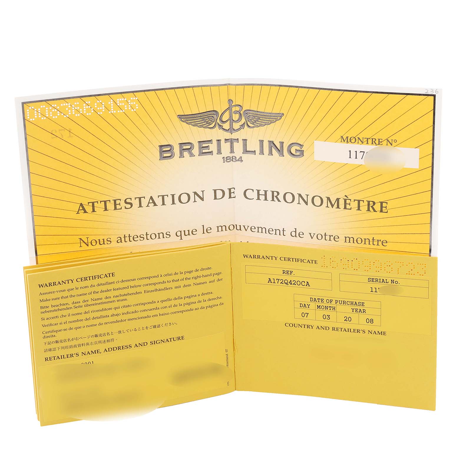The image shows a warranty certificate and chronometer attestation for the Breitling Superocean A17320 Men's Stainless Steel Brown Dial A17320 Men's Stainless Steel Brown Dial watch model.