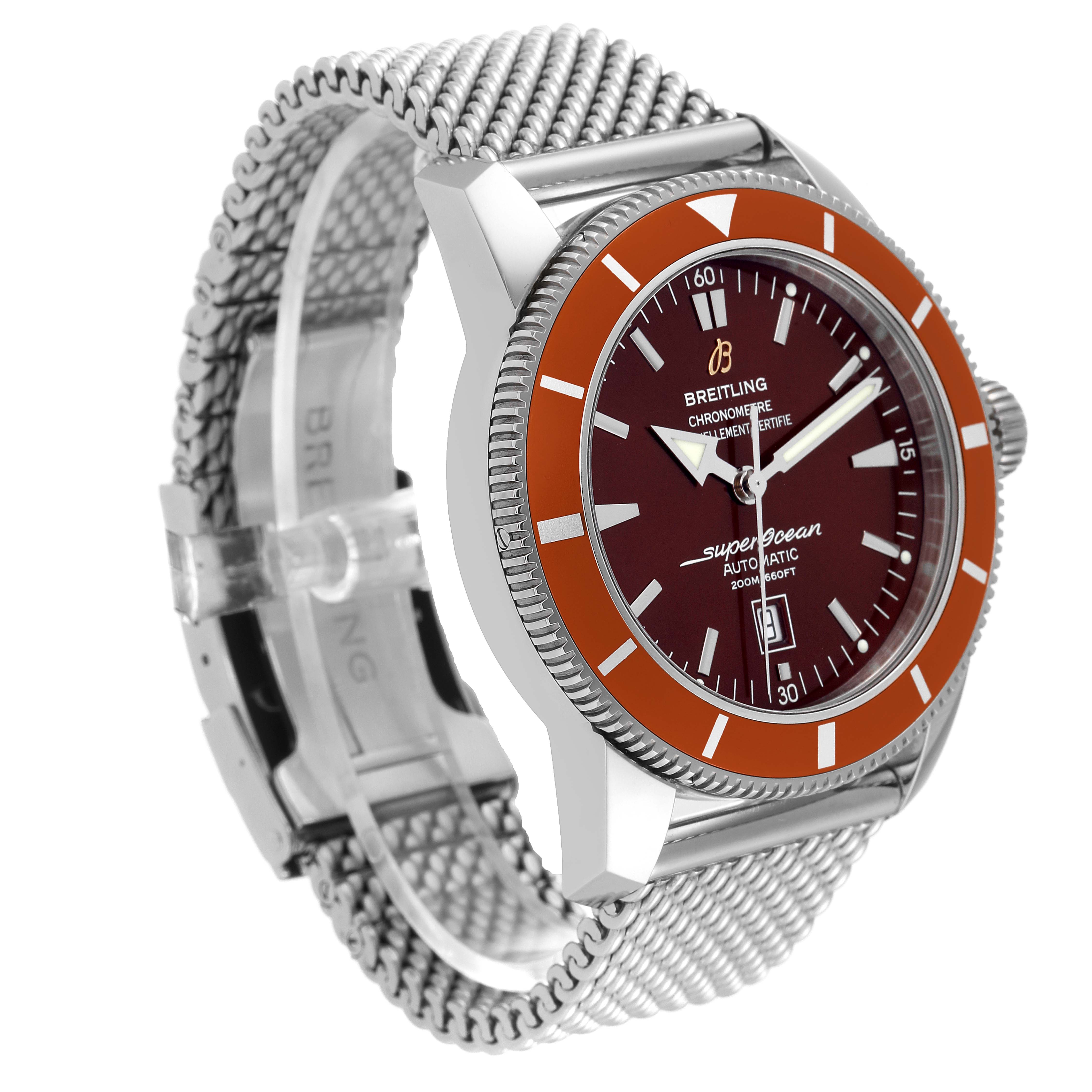 The Breitling Superocean A17320 Men's Stainless Steel Brown Dial A17320 Men's Stainless Steel Brown Dial watch is shown at an angle, highlighting its bezel, dial, and mesh bracelet.
