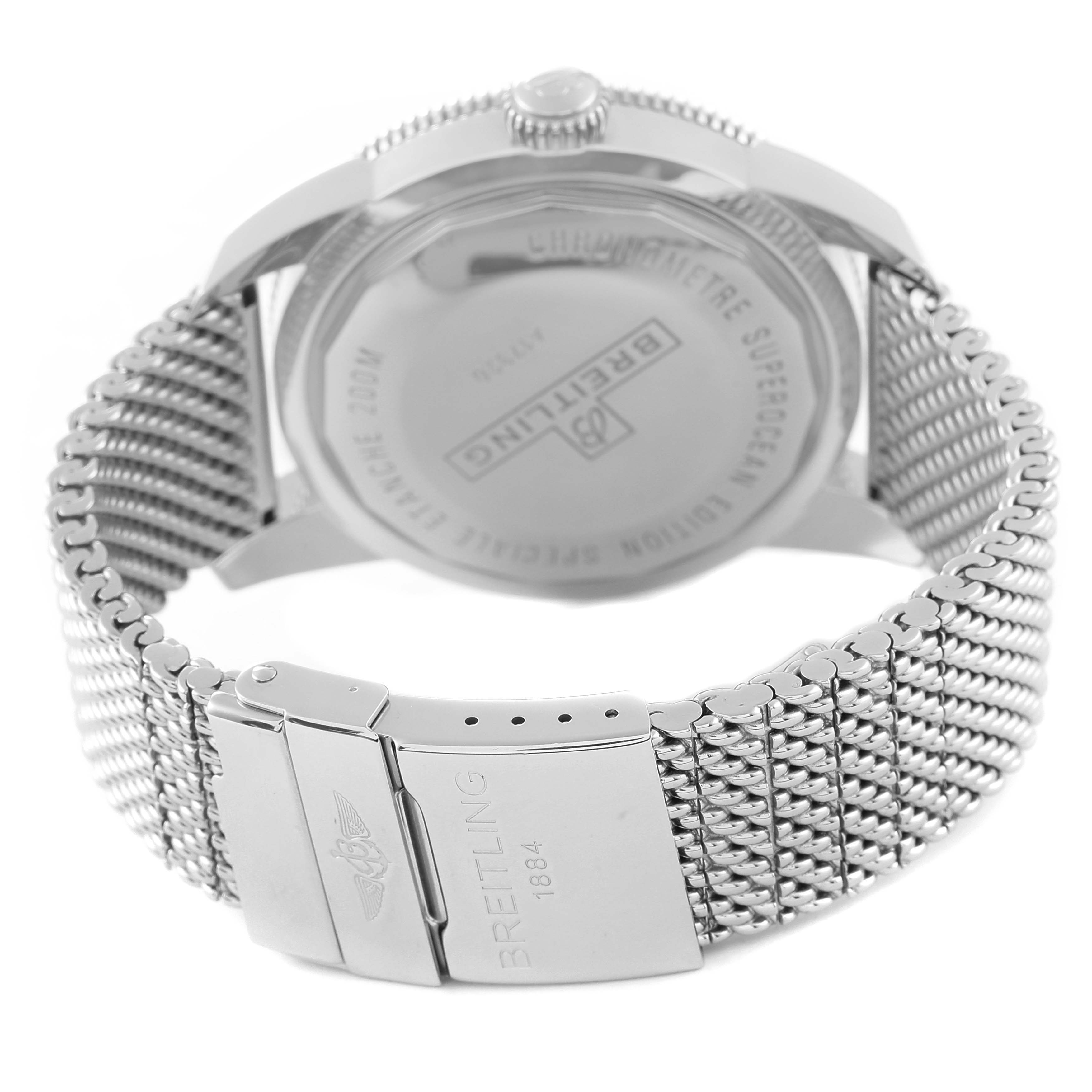 The image shows the back case and stainless steel mesh bracelet of a Breitling Superocean A17320 Men's Stainless Steel Brown Dial A17320 Men's Stainless Steel Brown Dial watch, with the clasp prominently visible.