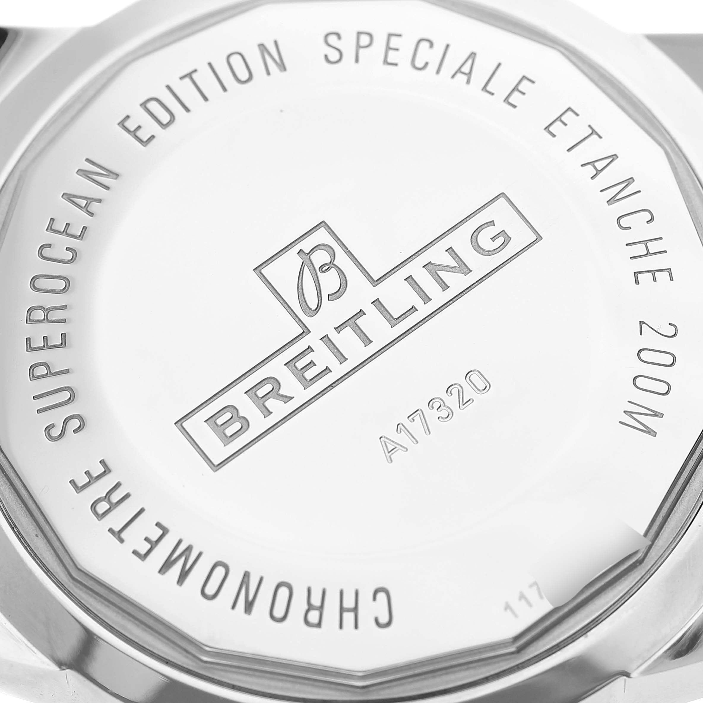 This image shows the case back of a Breitling Superocean A17320 Men's Stainless Steel Brown Dial A17320 Men's Stainless Steel Brown Dial watch, detailing the model and brand.