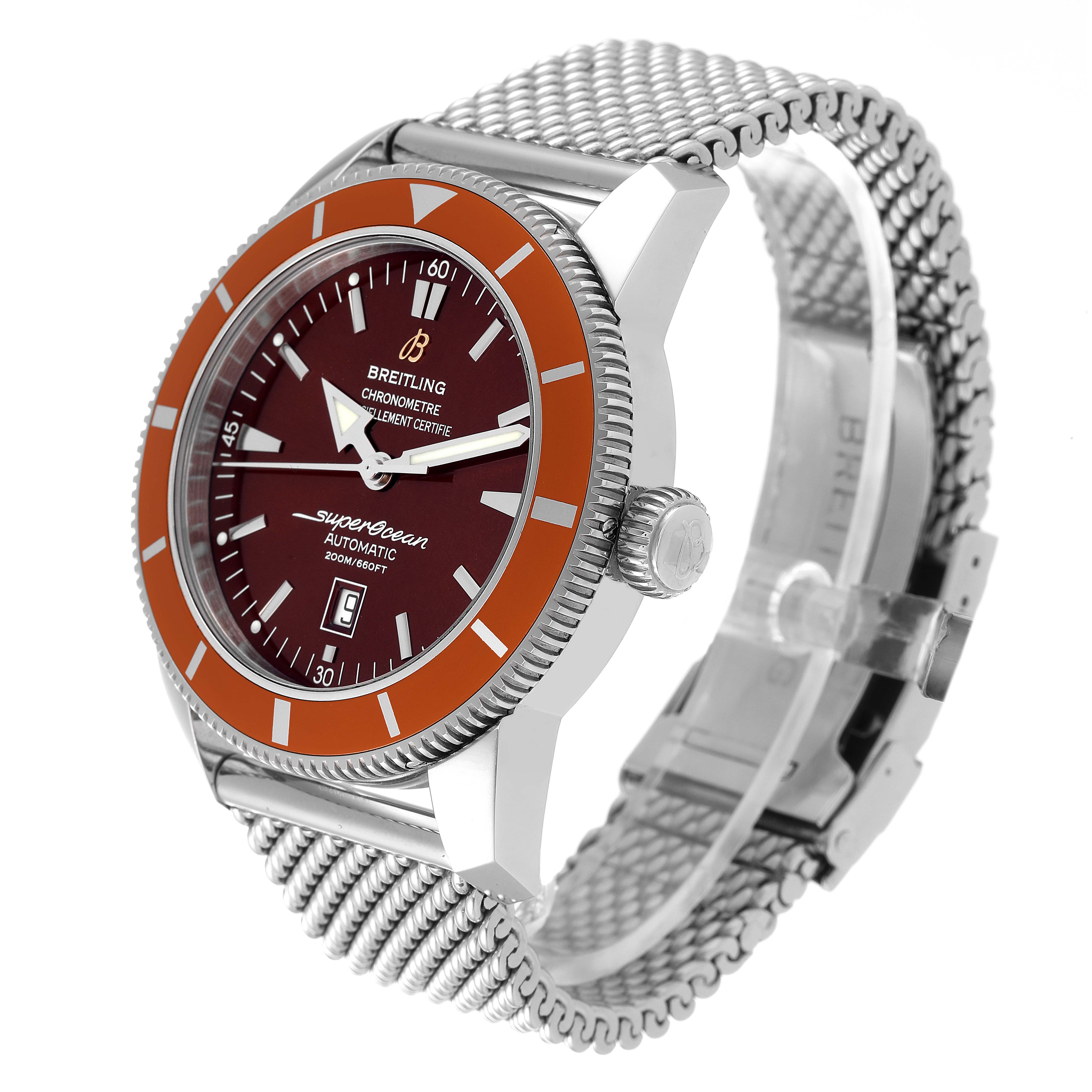 The Breitling Superocean A17320 Men's Stainless Steel Brown Dial A17320 Men's Stainless Steel Brown Dial model watch is shown at an angled side view, highlighting its bezel, dial, crown, and metal mesh strap.