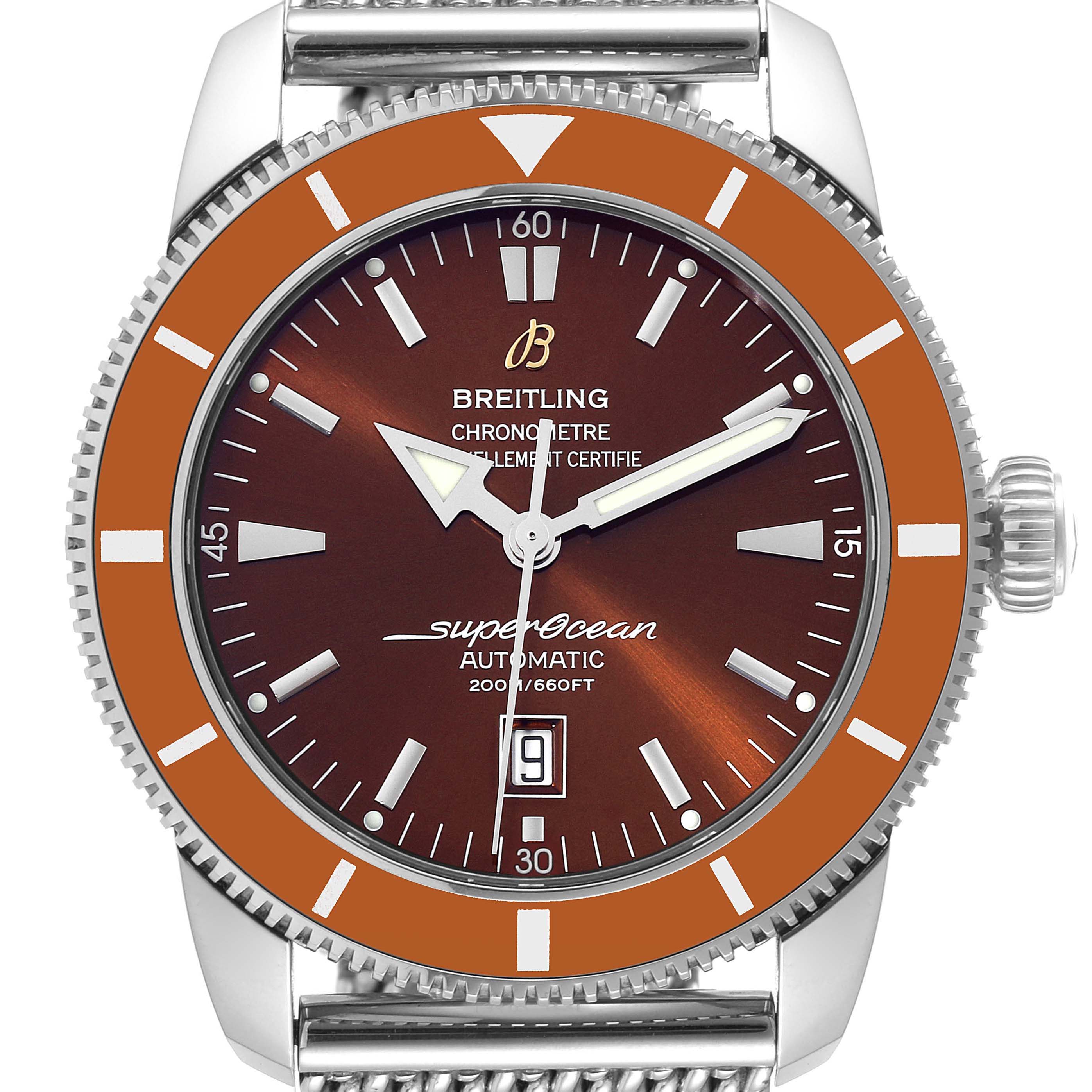 This image shows a front view of the dial and bezel of a Breitling Superocean A17320 Men's Stainless Steel Brown Dial A17320 Men's Stainless Steel Brown Dial watch.