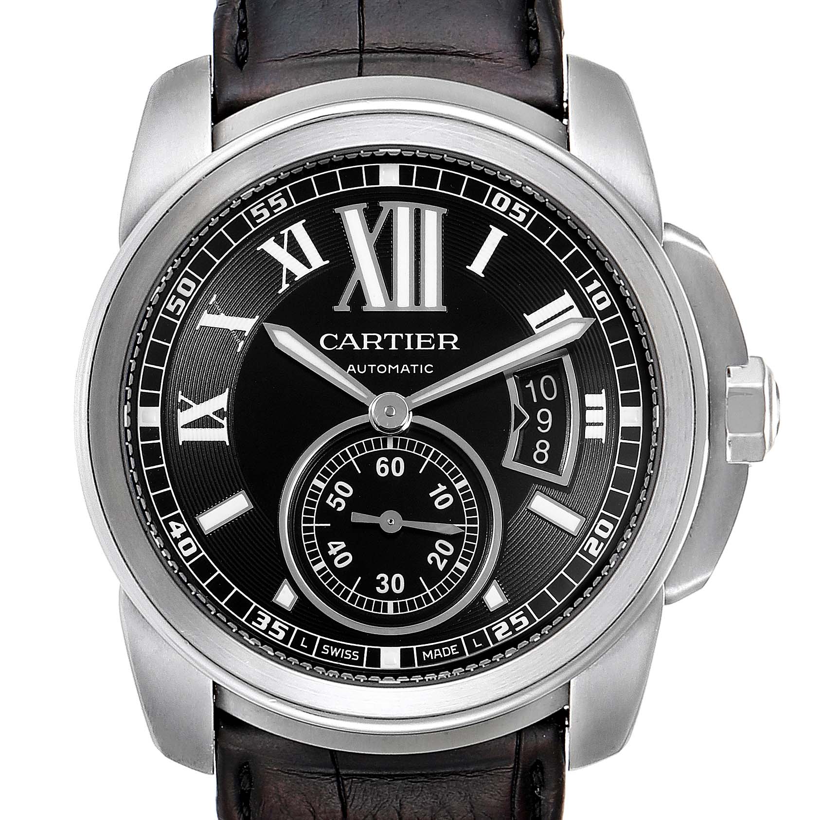 The image shows a front view of a Calibre de Cartier model by Cartier, highlighting its watch face, hands, and partial leather strap.