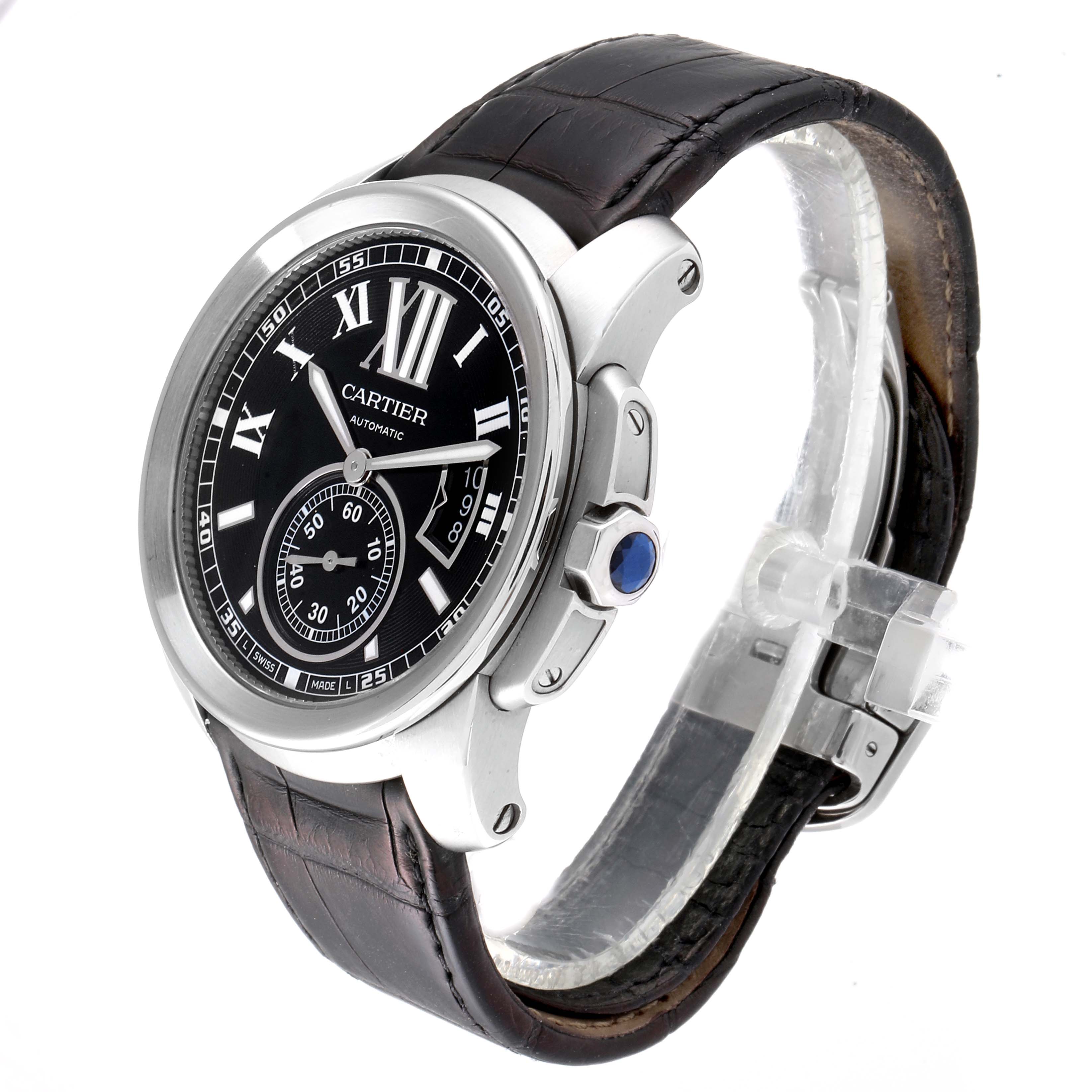 This image shows a side and front view of the Calibre de Cartier watch by Cartier, highlighting the face and strap.