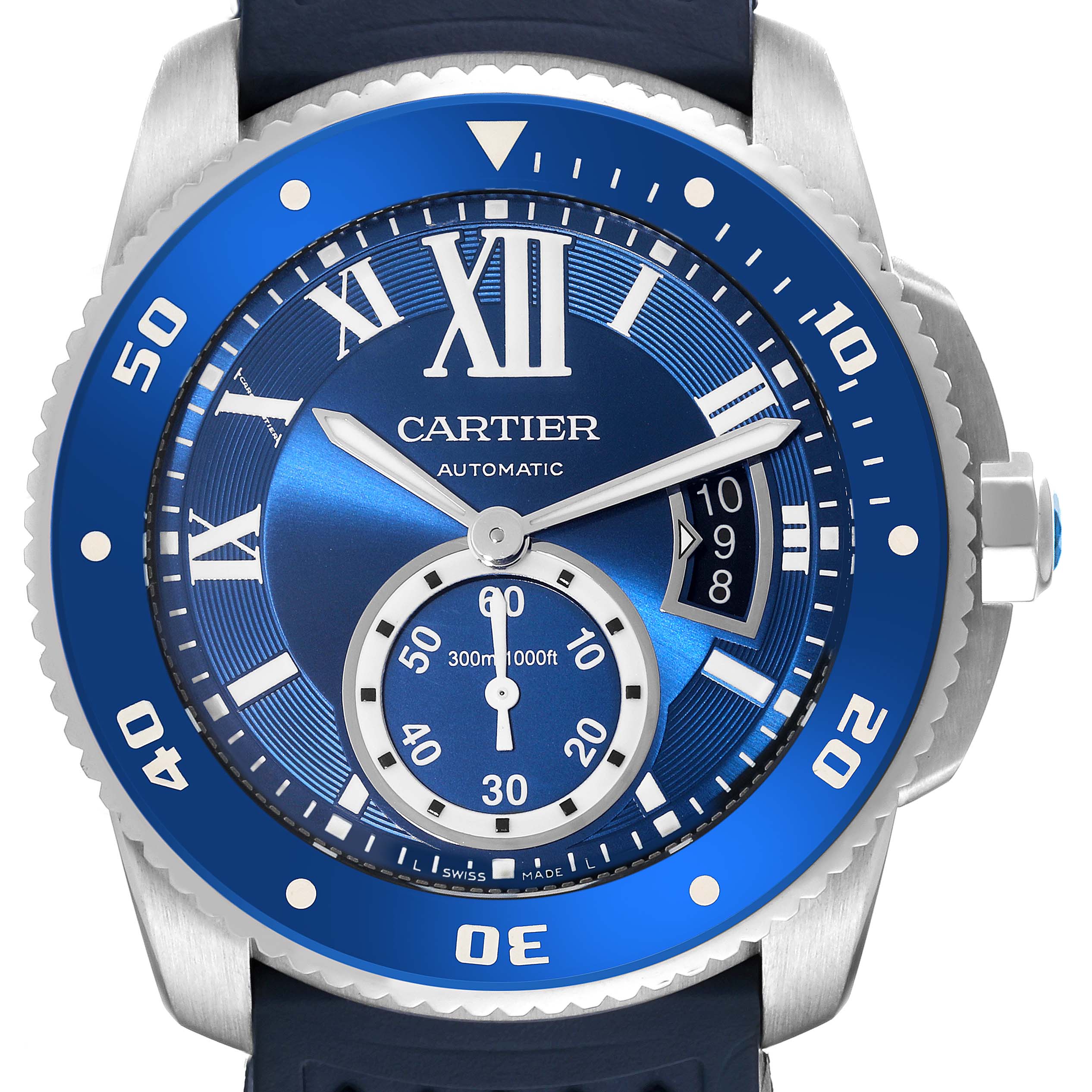 The image shows a close-up view of the dial and bezel of a Calibre de Cartier watch by Cartier.