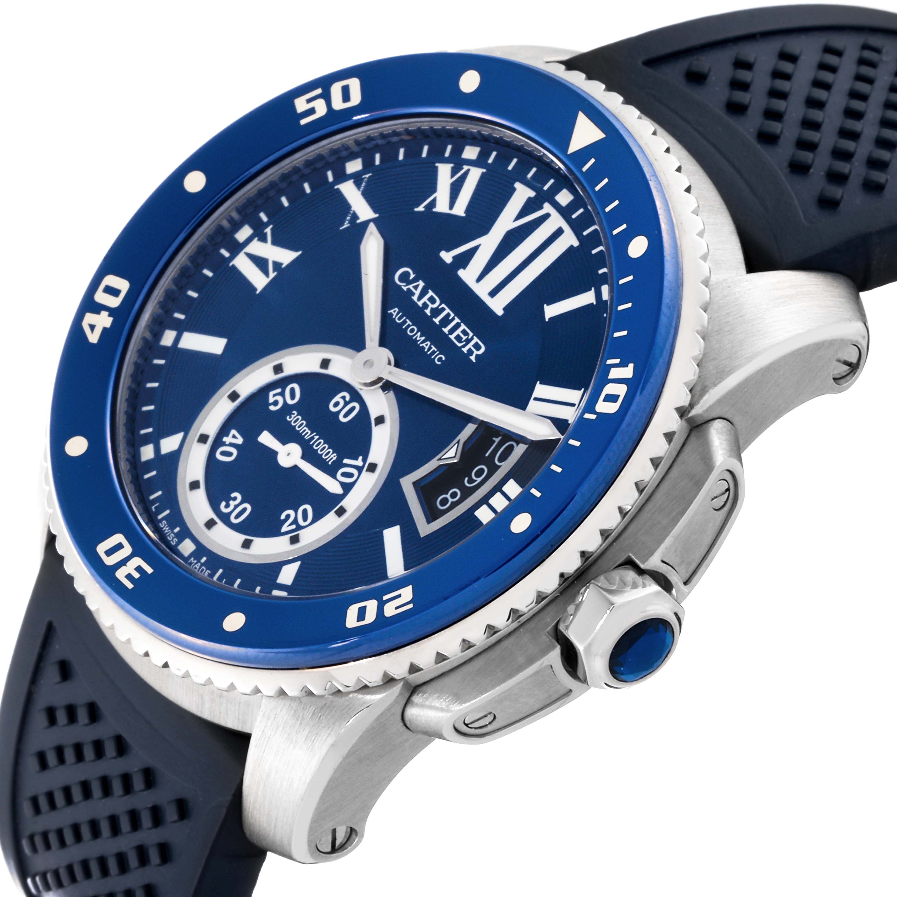 The image shows a side and partial front view of a Calibre de Cartier watch by Cartier, highlighting the bezel, crown, and strap.