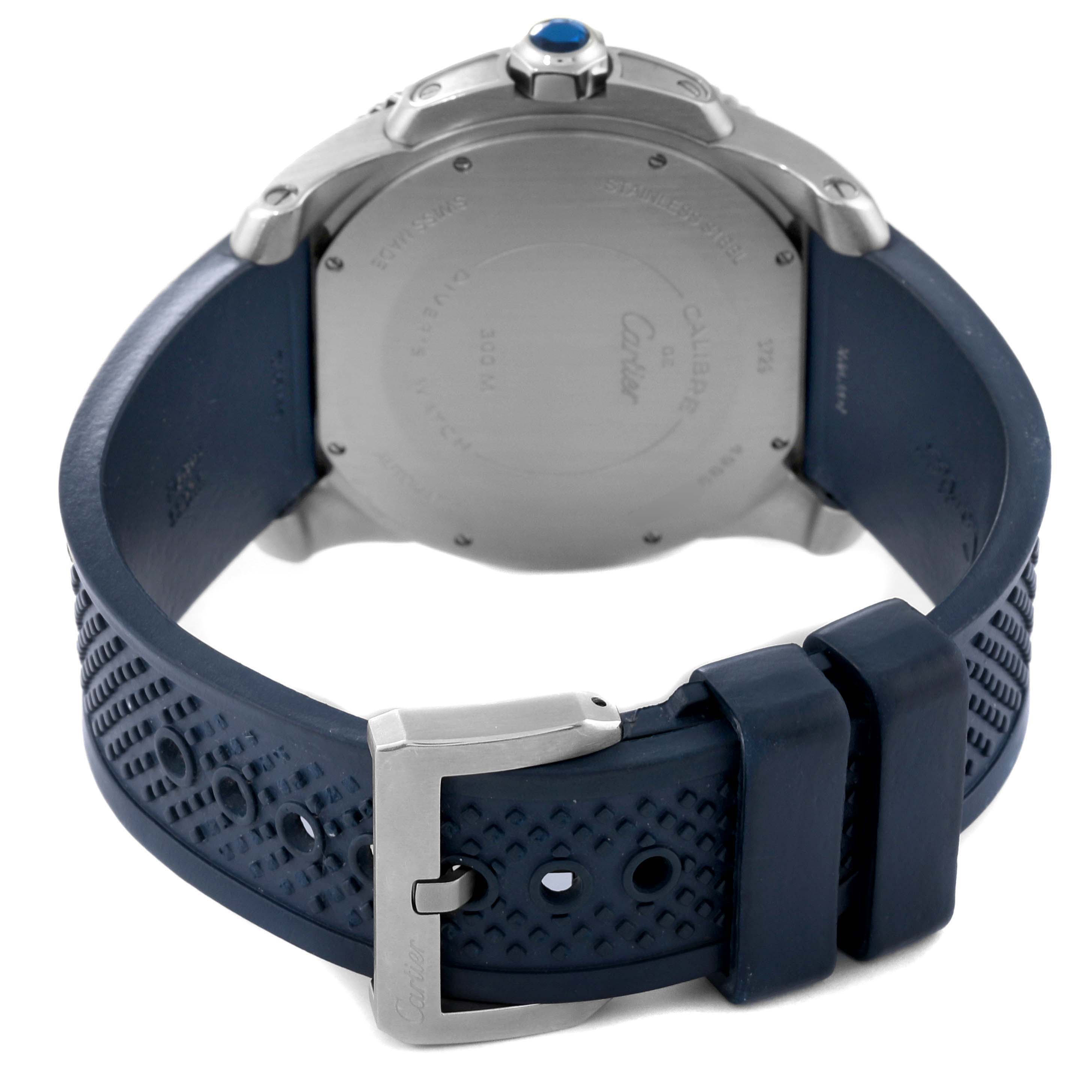 This image shows the back case and strap of the Calibre de Cartier watch by Cartier.