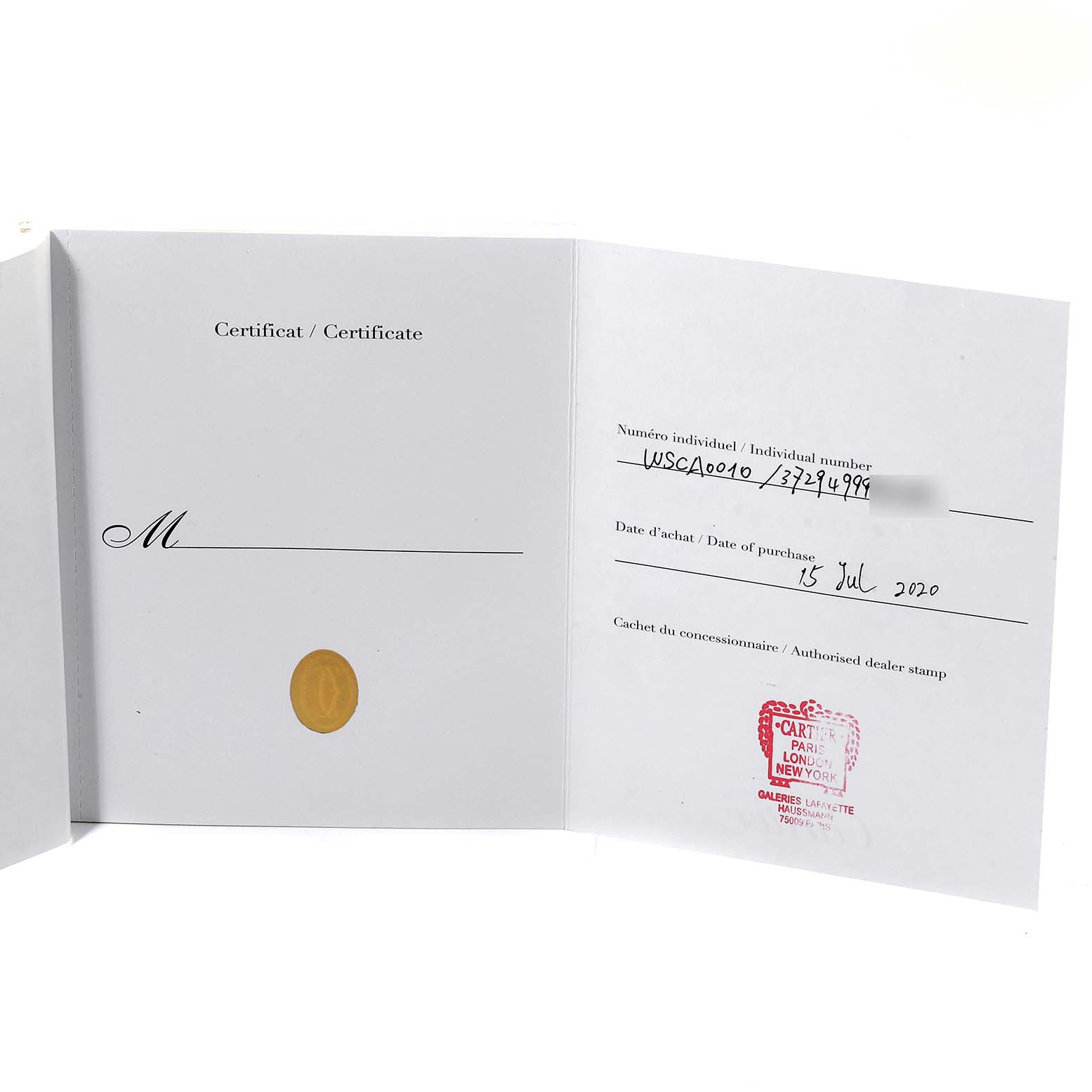 This image shows the certificate of authenticity for a Calibre de Cartier watch by Cartier, including the purchase date and dealer stamp.