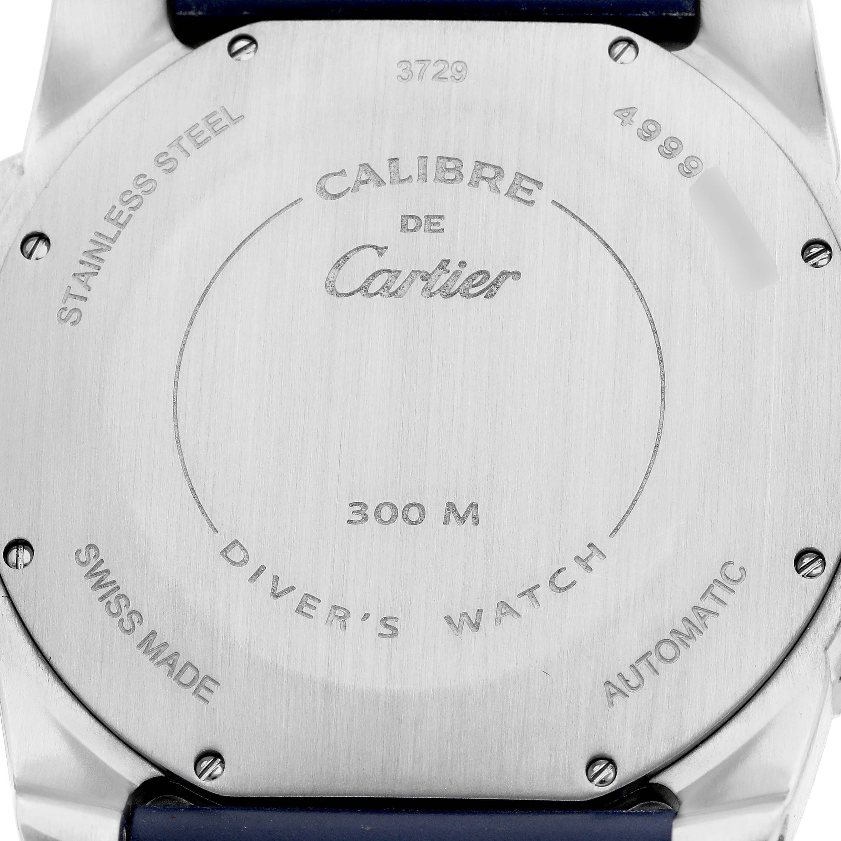 This image shows the back case of a Calibre de Cartier watch by Cartier, detailing its specifications.