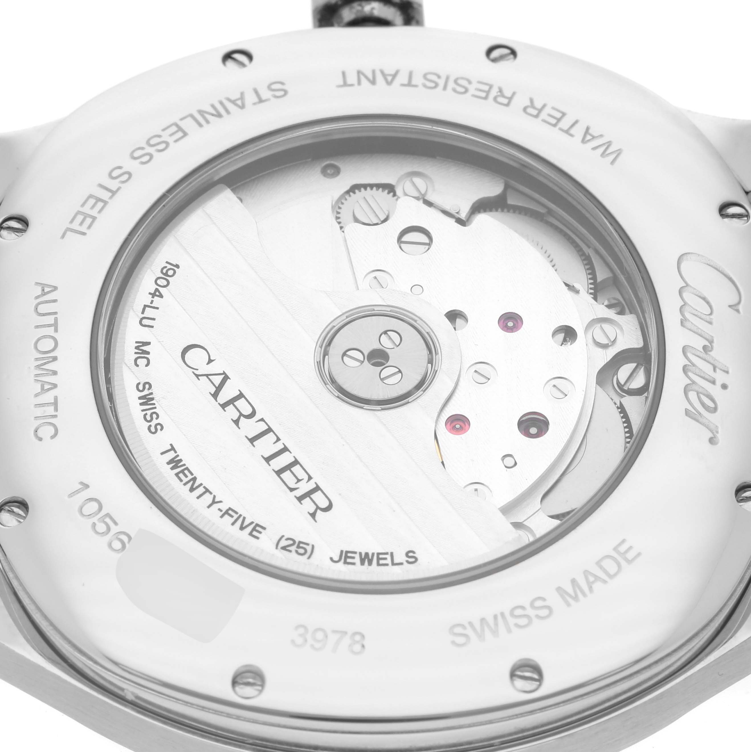 This image shows the back view of the Drive de Cartier watch by Cartier, specifically highlighting its automatic movement and inner mechanics.