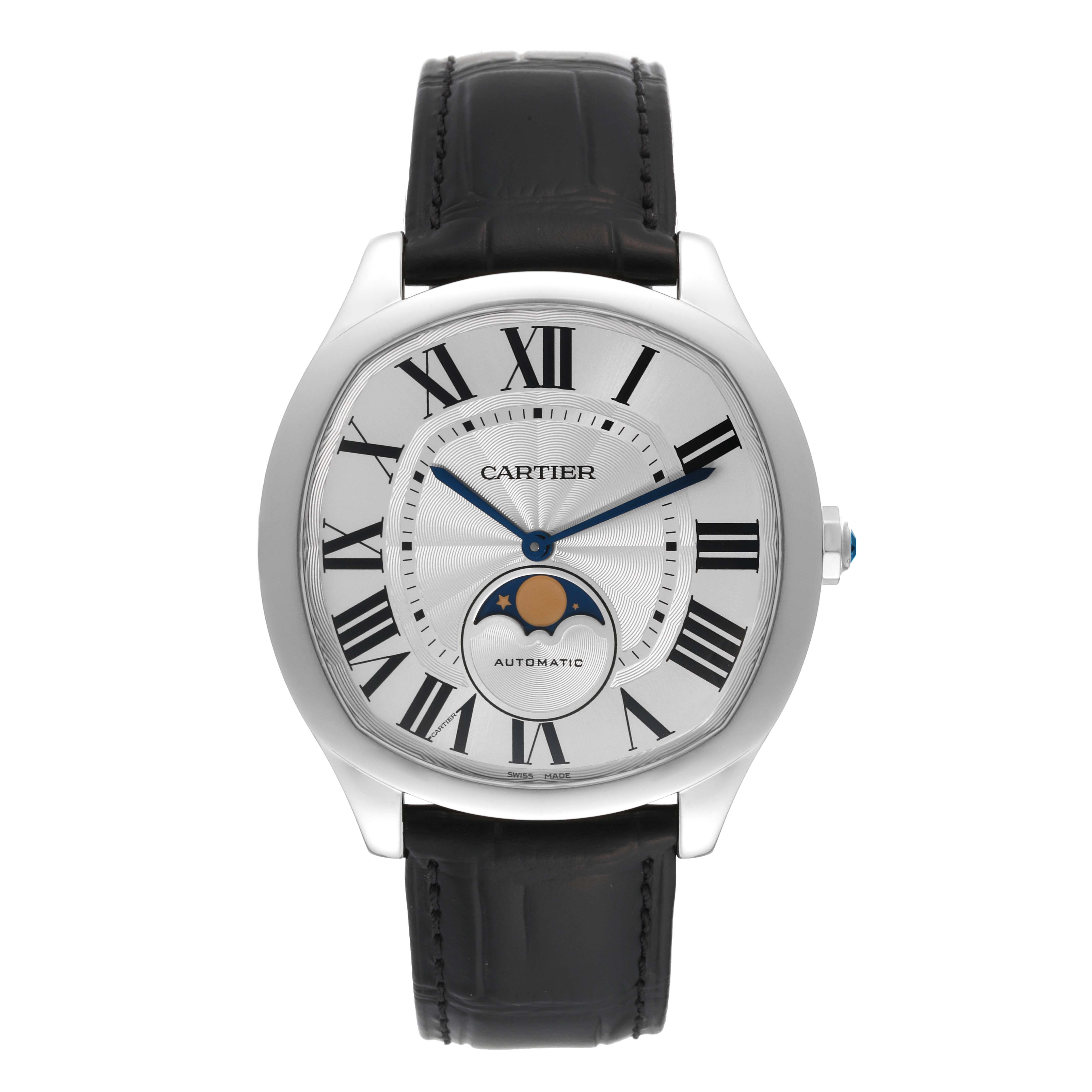 This image shows a front view of the Drive de Cartier watch by Cartier, featuring the dial, case, and leather strap.