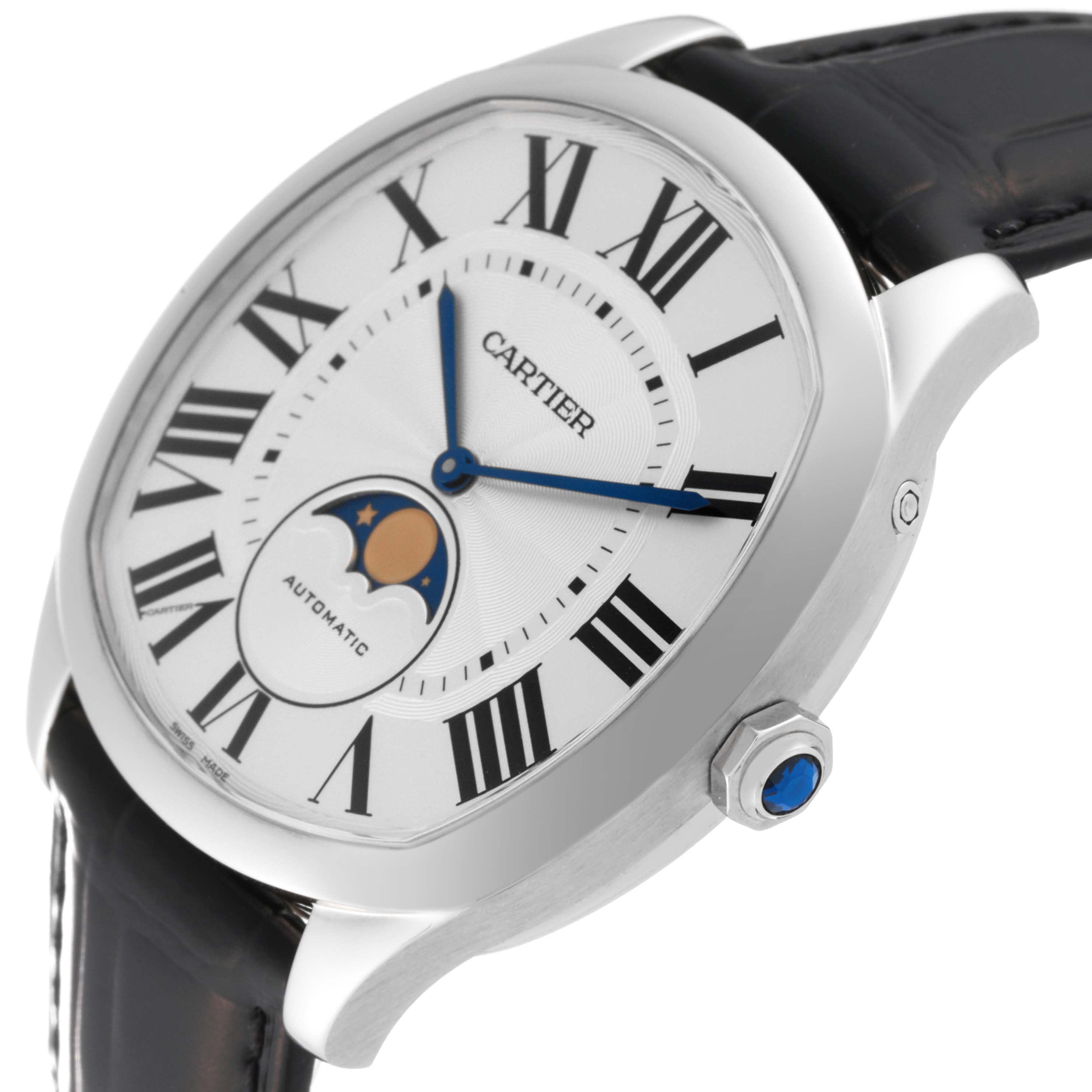 The image shows a Drive de Cartier watch by Cartier at an angled close-up view, highlighting its face, casing, and crown.