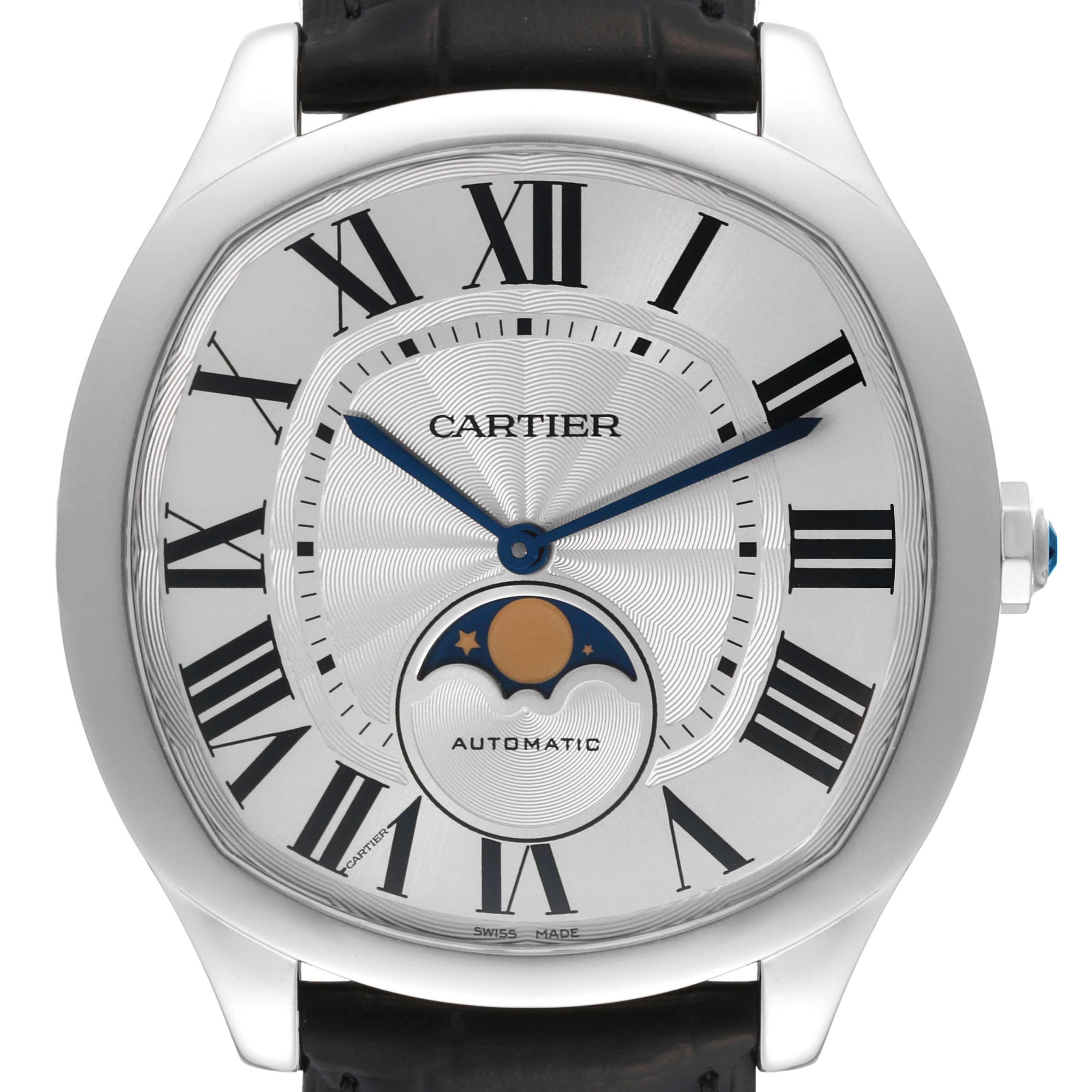 The image shows a front view of a Drive de Cartier watch by Cartier, highlighting its dial, hands, and moon phase indicator.