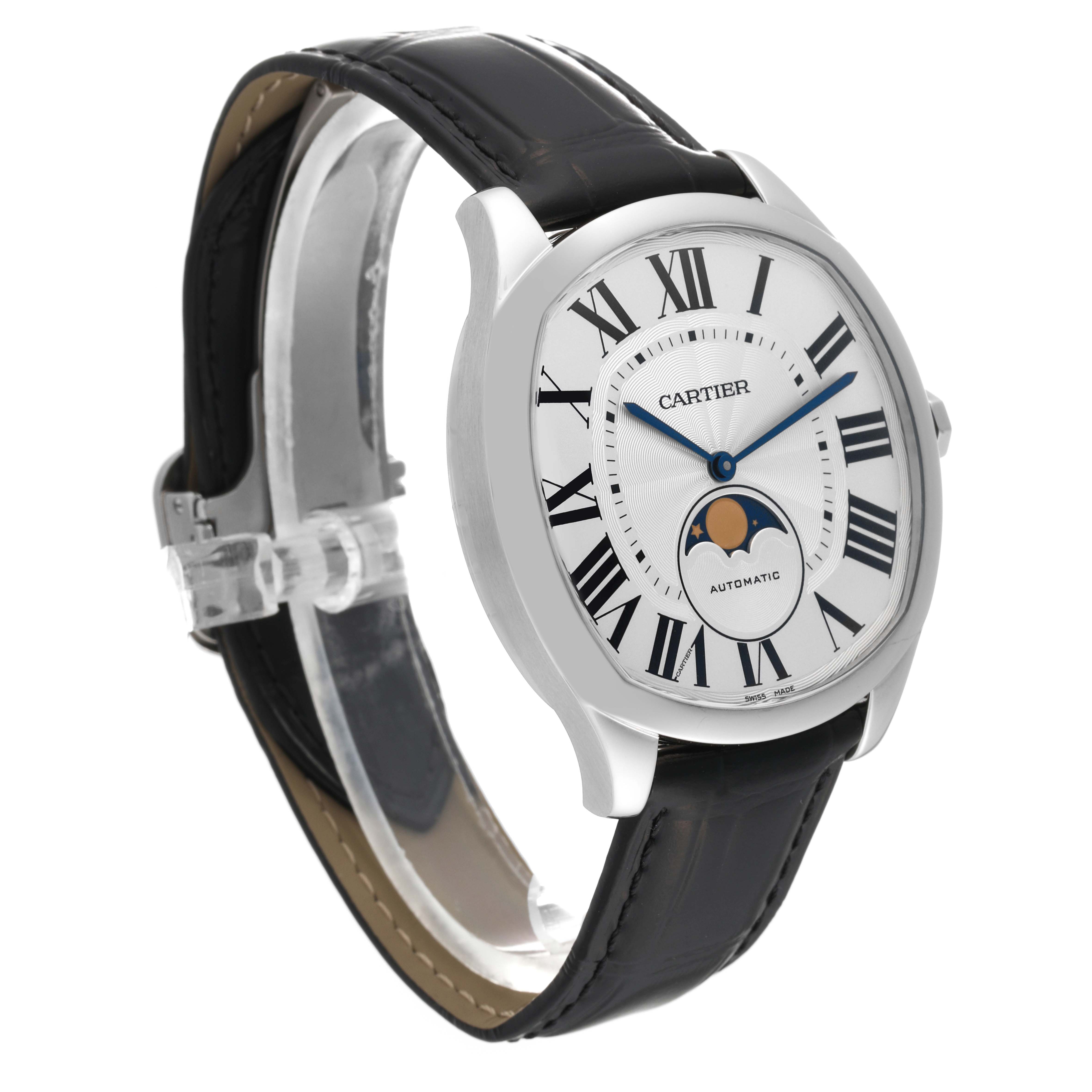 This image shows a Drive de Cartier watch by Cartier from a three-quarter angle, highlighting its face, bezel, and strap.