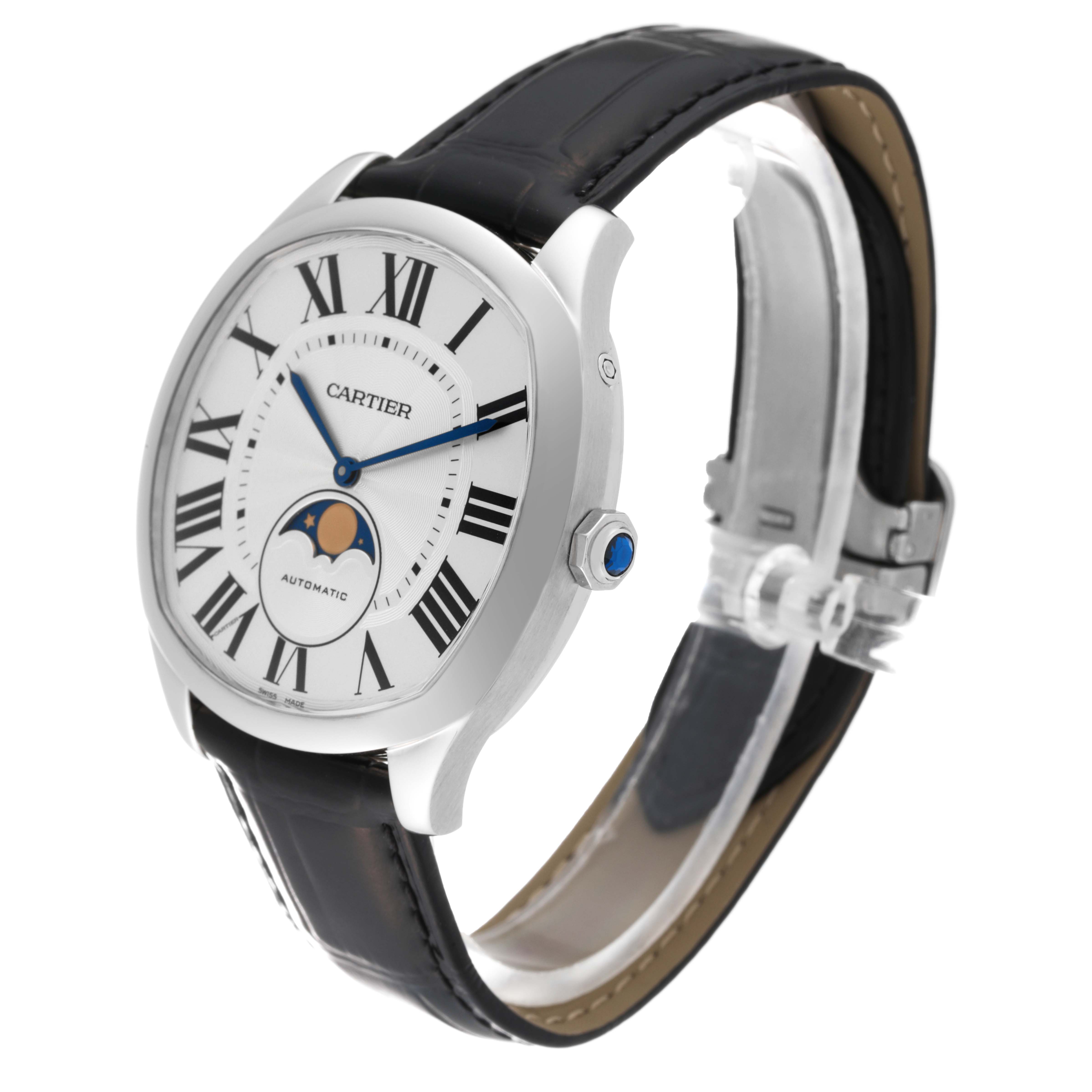 The image shows a Drive de Cartier watch by Cartier at a three-quarter angle, highlighting the dial, strap, and clasp.