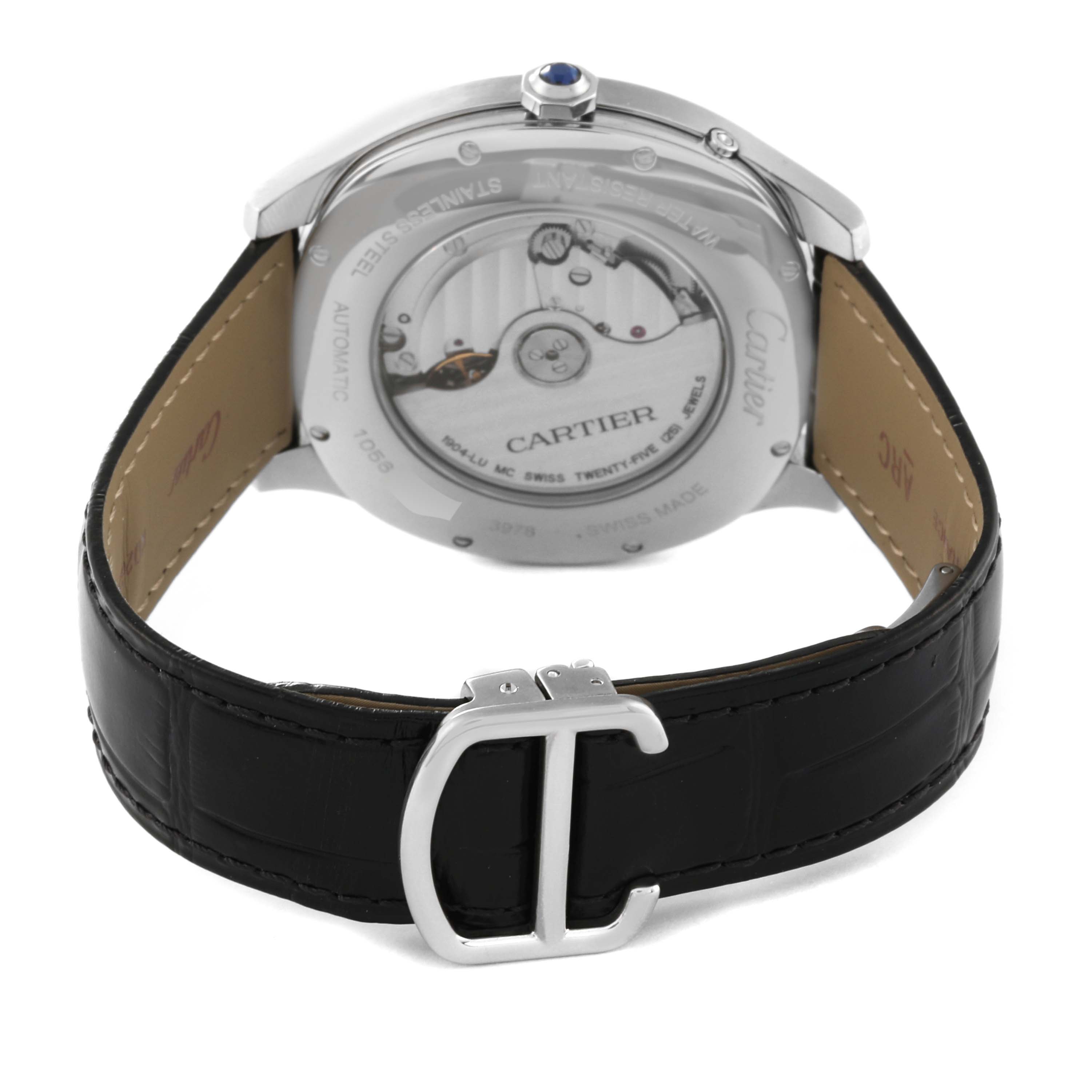 The image shows the back view of a Drive de Cartier watch by Cartier, highlighting the automatic movement and black leather strap with buckle.