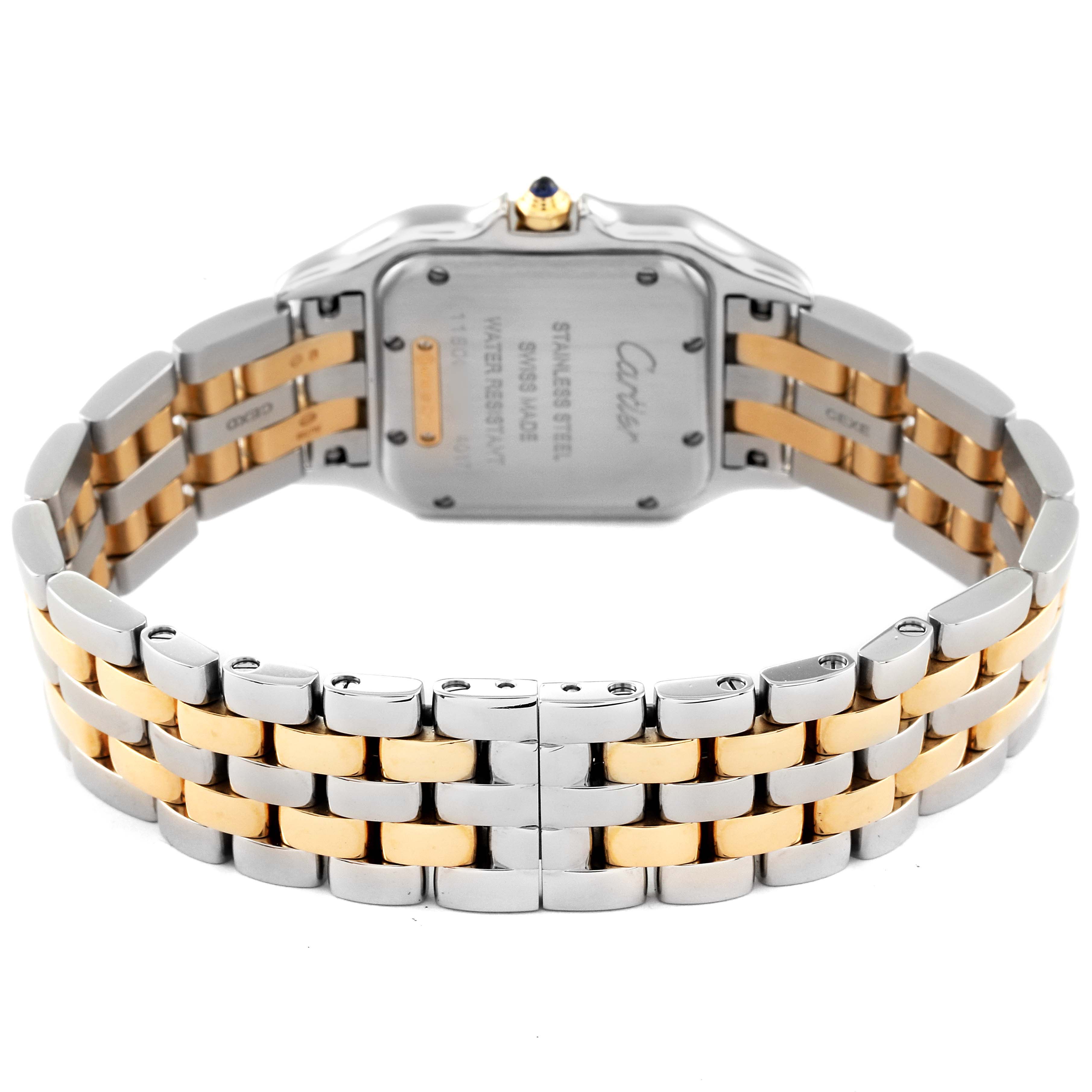 The image shows the back and bracelet of the Cartier Panthère watch, featuring a two-tone metal design.