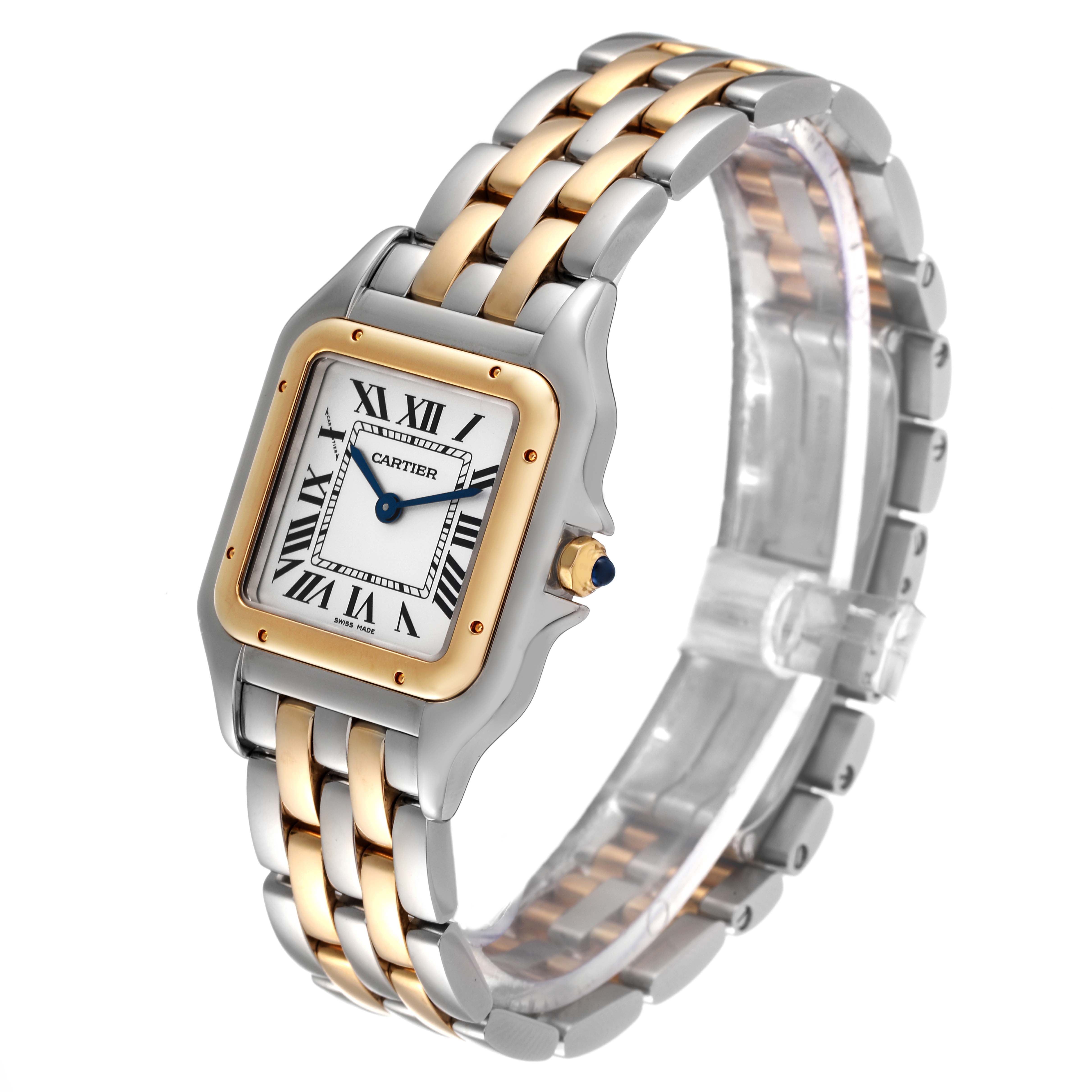 The image shows a Cartier Panthere W2PN0007 Women's Steel and Gold (two tone) Silver Dial W2PN0007 Women's Steel and Gold (two tone) Silver Dial watch at a three-quarter angle, highlighting its dual-tone bracelet and square face.