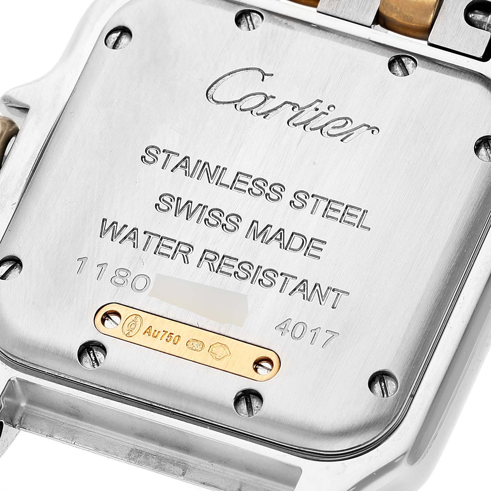 The image shows the back case of the Cartier Panthere W2PN0007 Women's Steel and Gold (two tone) Silver Dial W2PN0007 Women's Steel and Gold (two tone) Silver Dial watch, displaying its inscriptions and screws.