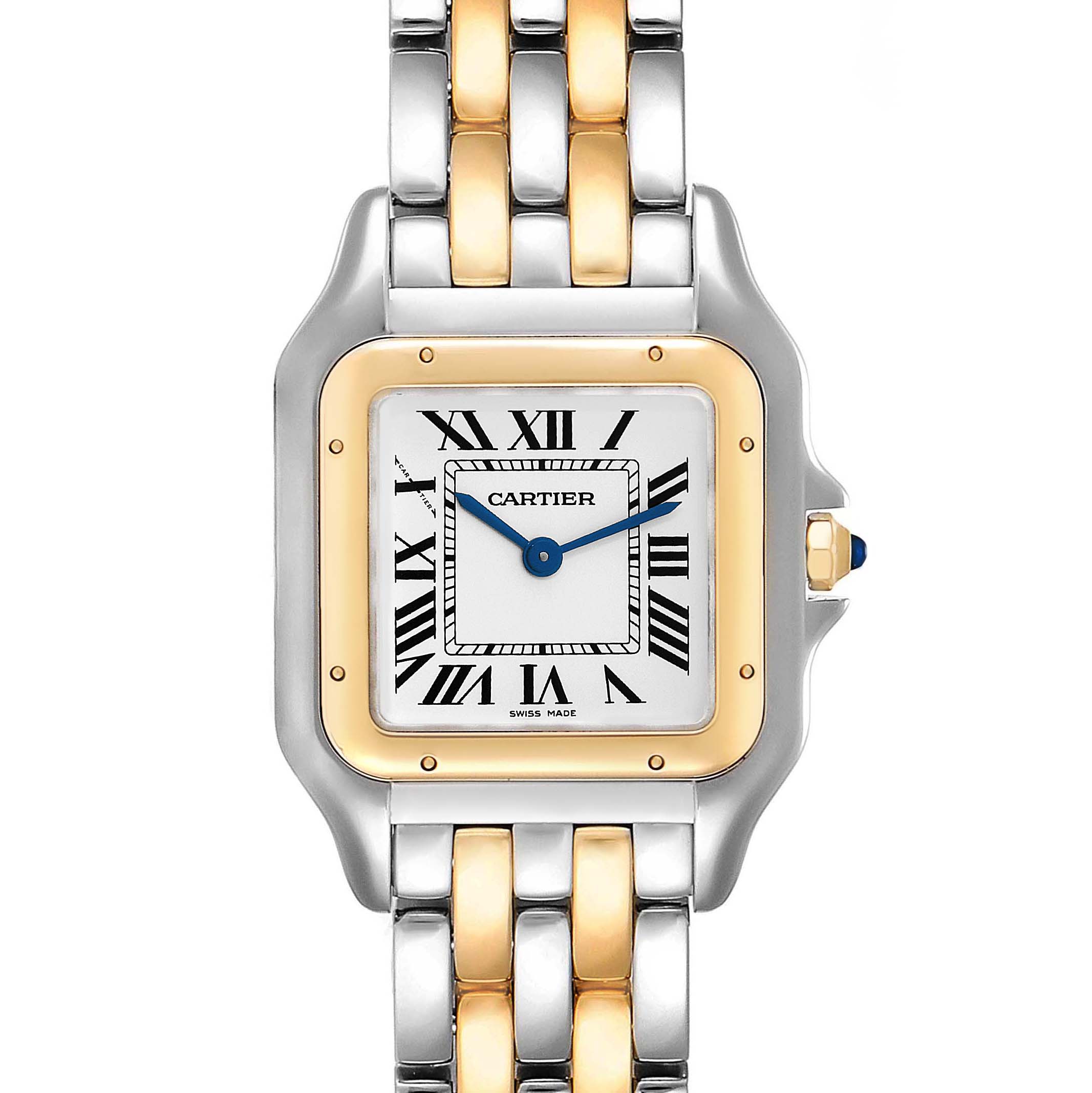 The image shows the face and part of the bracelet of the Cartier Panthere W2PN0007 Women's Steel and Gold (two tone) Silver Dial W2PN0007 Women's Steel and Gold (two tone) Silver Dial model watch, with a two-tone design and blue hands.