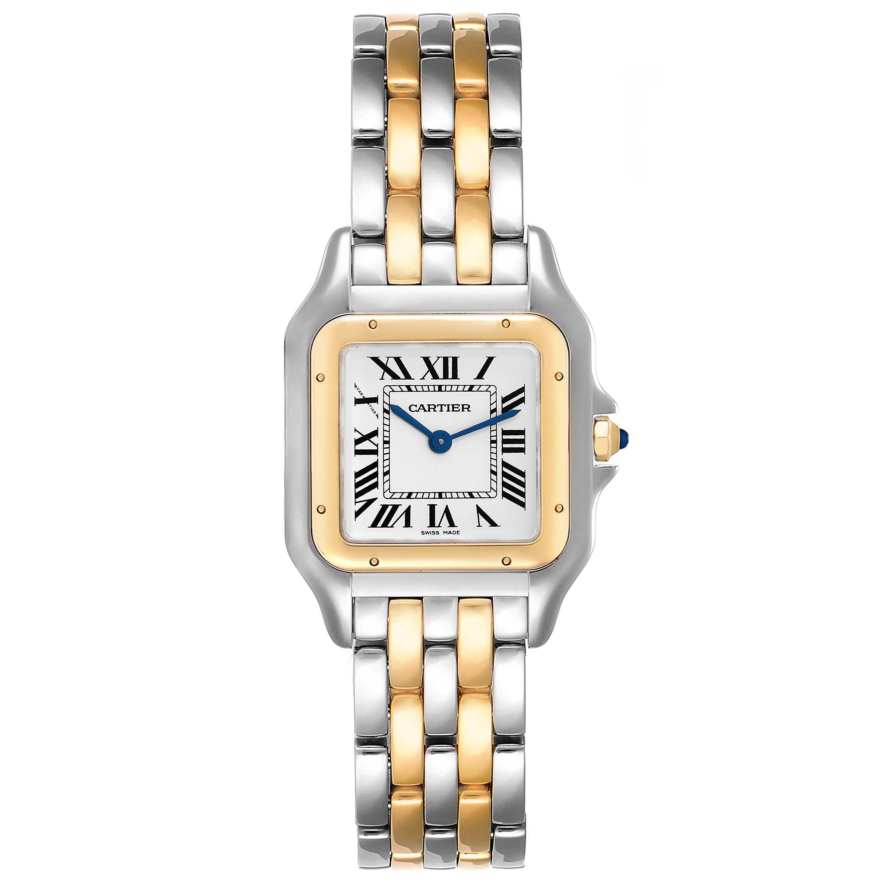 The image shows a front view of the Cartier Panthere W2PN0007 Women's Steel and Gold (two tone) Silver Dial W2PN0007 Women's Steel and Gold (two tone) Silver Dial model watch, displaying the dial, bezel, and two-tone metal bracelet.