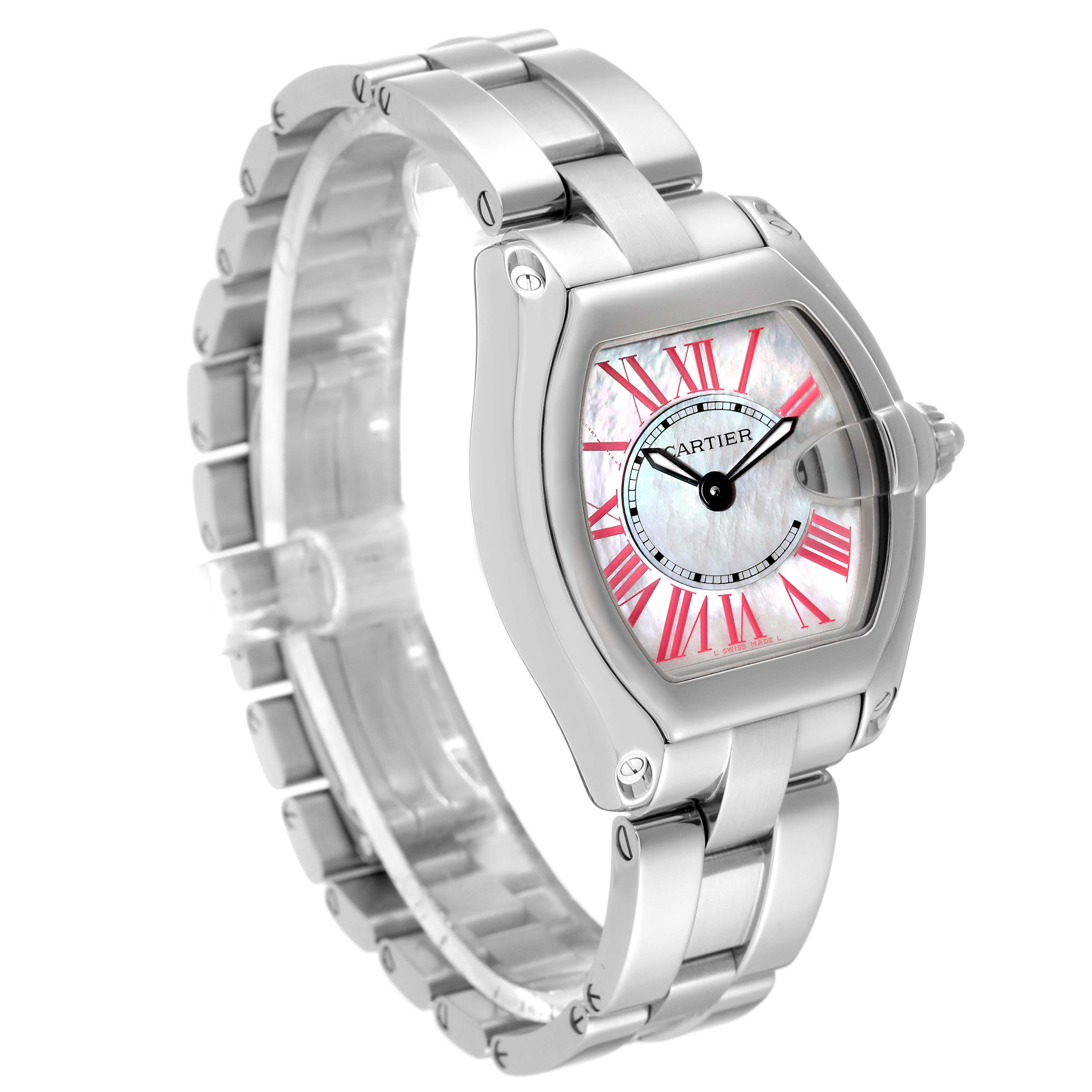 The Cartier Roadster W6206006 Women's Stainless Steel Mother of Pearl Dial W6206006 Women's Stainless Steel Mother of Pearl Dial watch is shown at a slight angle displaying the band, dial, and crown.