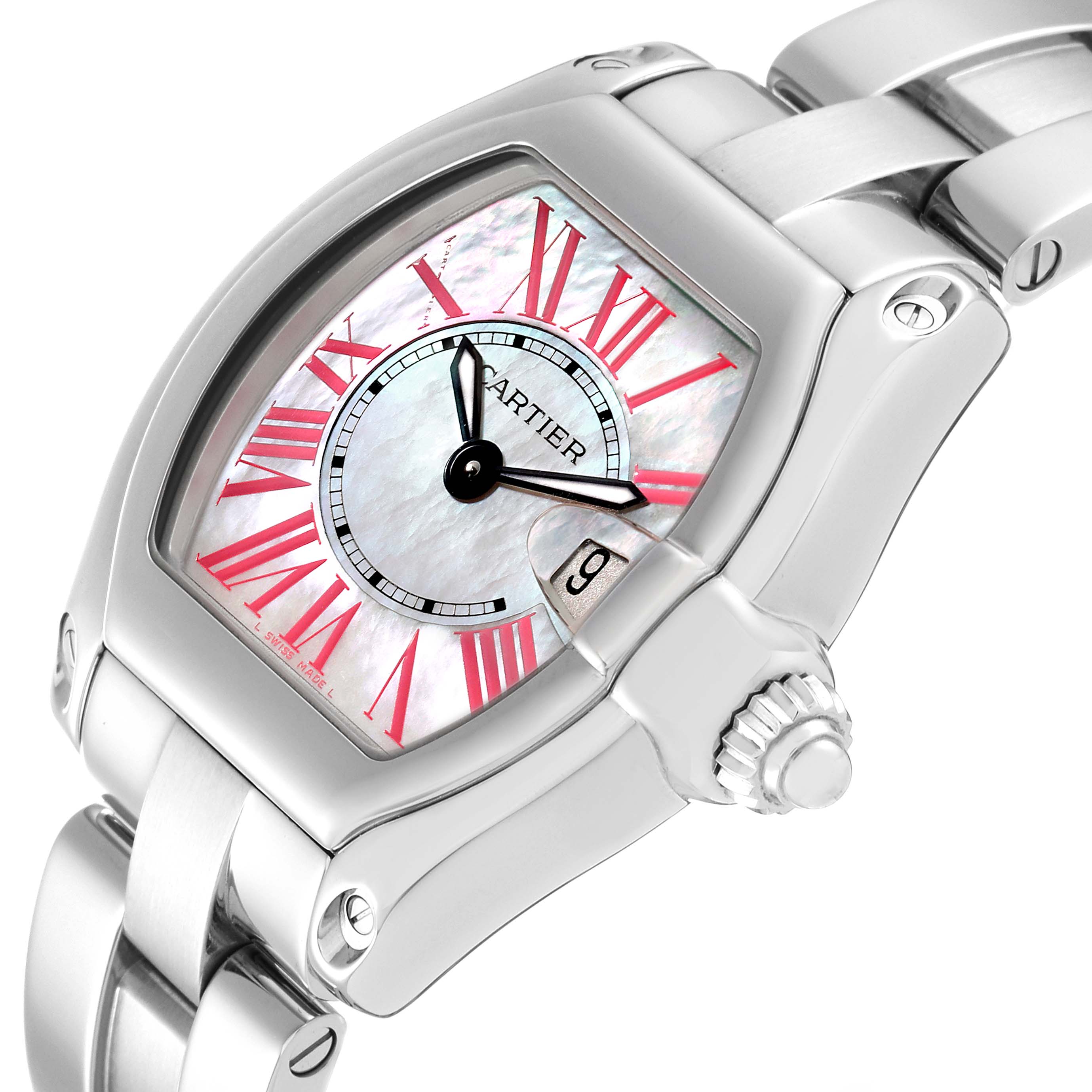 The image shows a close-up of the Cartier Roadster W6206006 Women's Stainless Steel Mother of Pearl Dial W6206006 Women's Stainless Steel Mother of Pearl Dial watch, highlighting its dial, crown, and part of the bracelet.