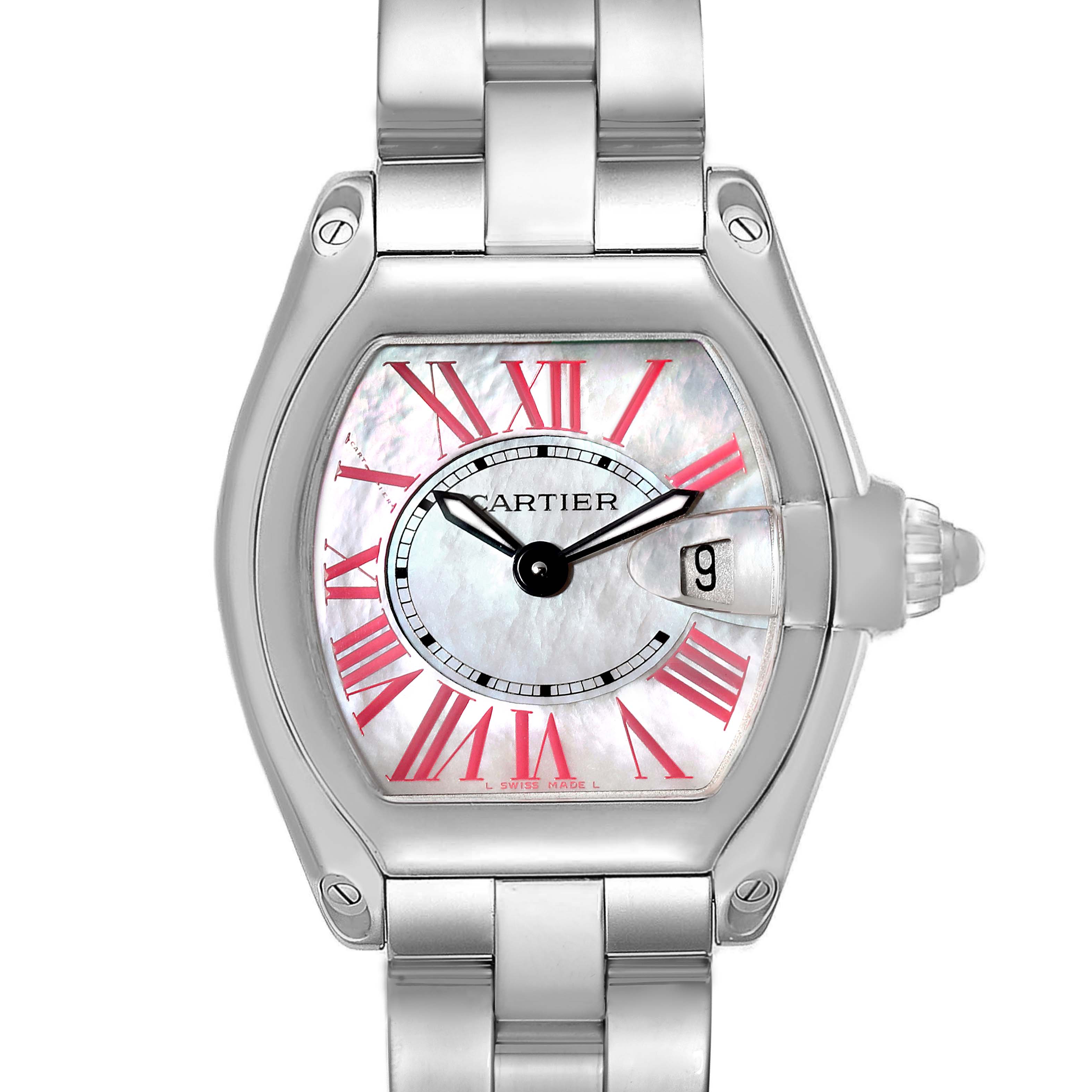 This image shows a frontal view of the Cartier Roadster W6206006 Women's Stainless Steel Mother of Pearl Dial W6206006 Women's Stainless Steel Mother of Pearl Dial watch, highlighting its face, metal bracelet, and crown.