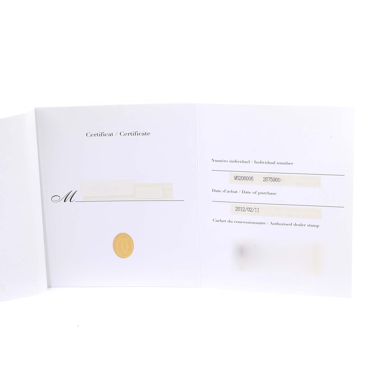 This image shows the certificate documentation for a Cartier Roadster W6206006 Women's Stainless Steel Mother of Pearl Dial W6206006 Women's Stainless Steel Mother of Pearl Dial model watch.