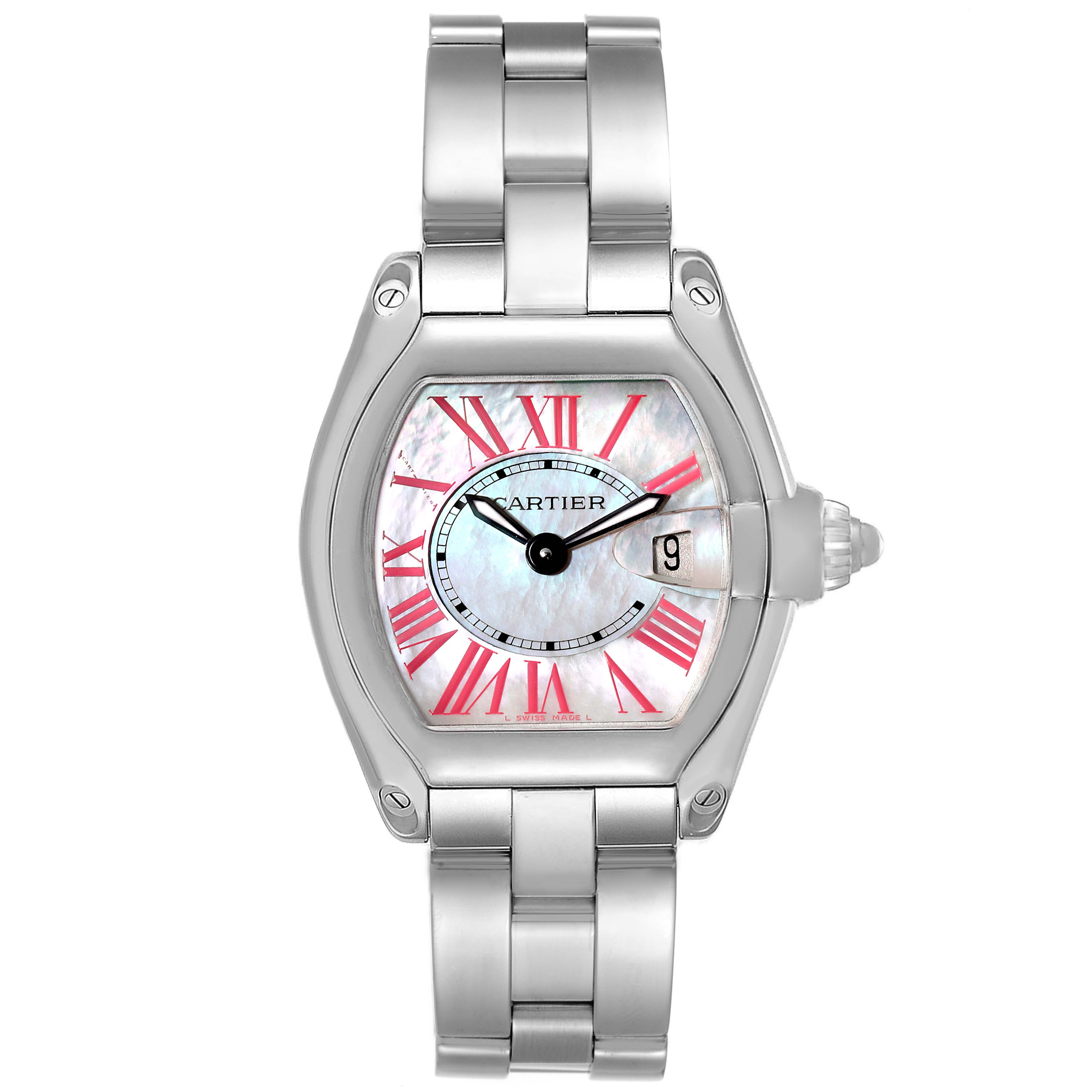 The image shows a front view of the Cartier Roadster W6206006 Women's Stainless Steel Mother of Pearl Dial W6206006 Women's Stainless Steel Mother of Pearl Dial watch, displaying the face, bracelet, and crown.