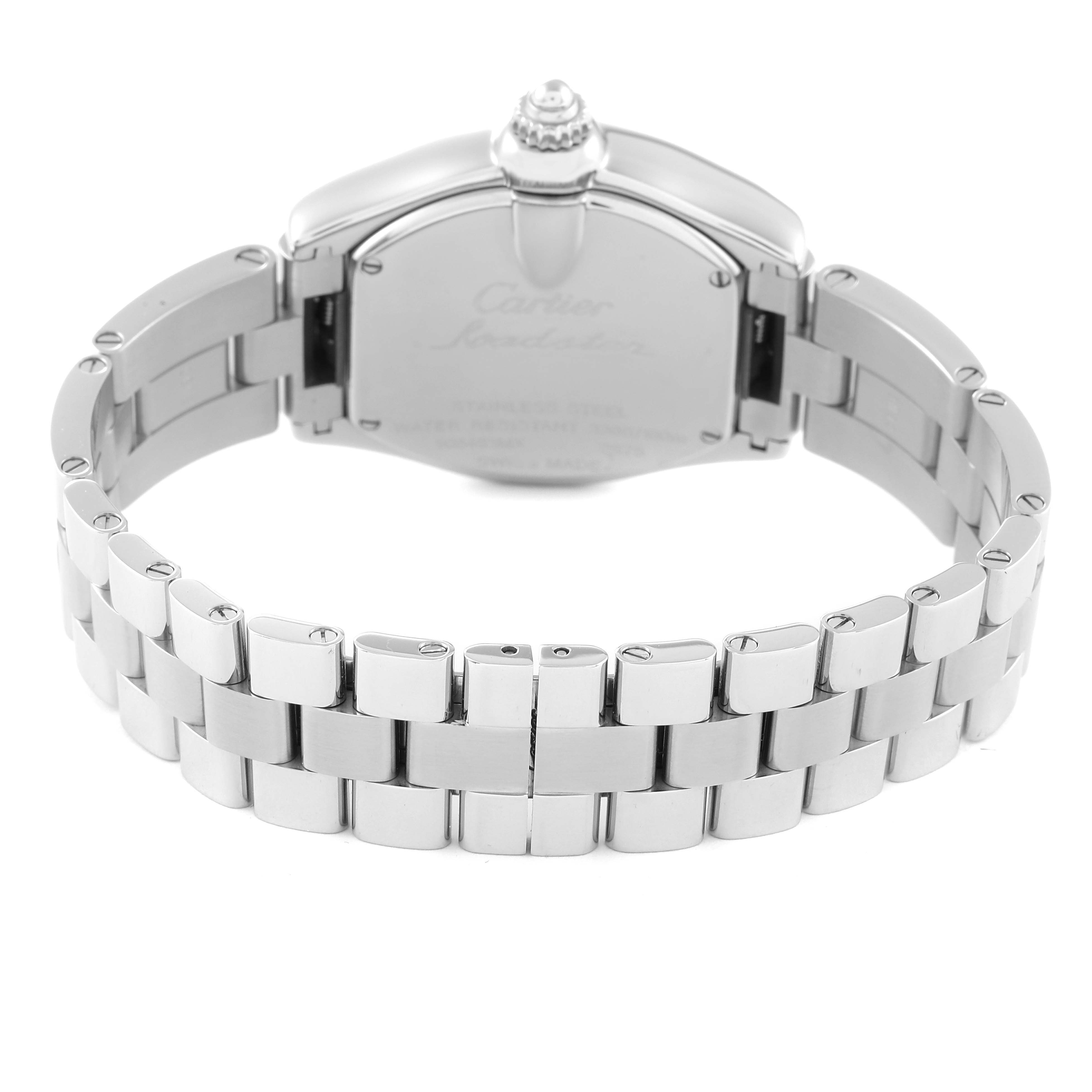 The image shows the back view of the Cartier Roadster W6206006 Women's Stainless Steel Mother of Pearl Dial W6206006 Women's Stainless Steel Mother of Pearl Dial model watch, focusing on the case back and metal bracelet.