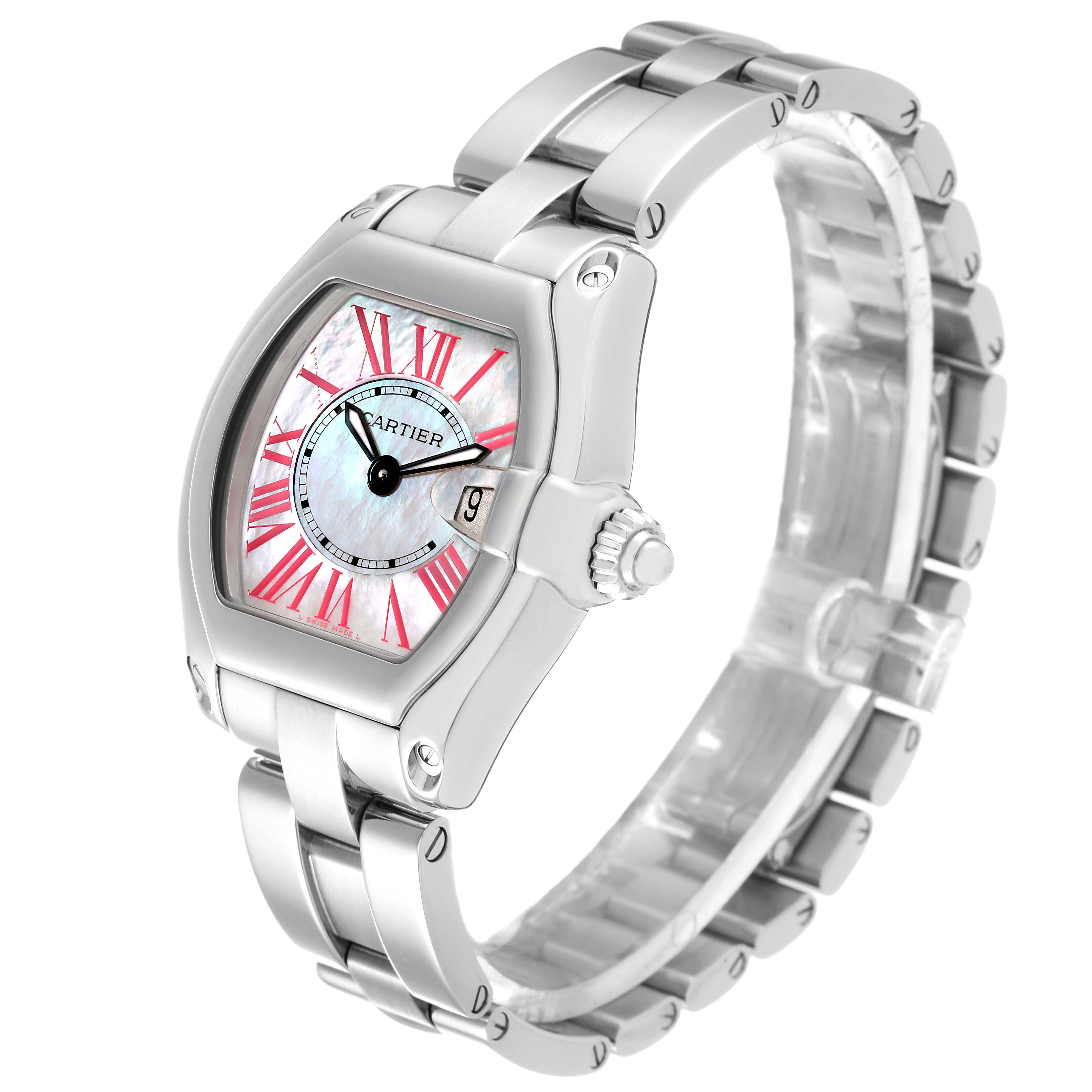 The image shows a Cartier Roadster W6206006 Women's Stainless Steel Mother of Pearl Dial W6206006 Women's Stainless Steel Mother of Pearl Dial watch at a three-quarter angle, highlighting the face, bezel, and bracelet.