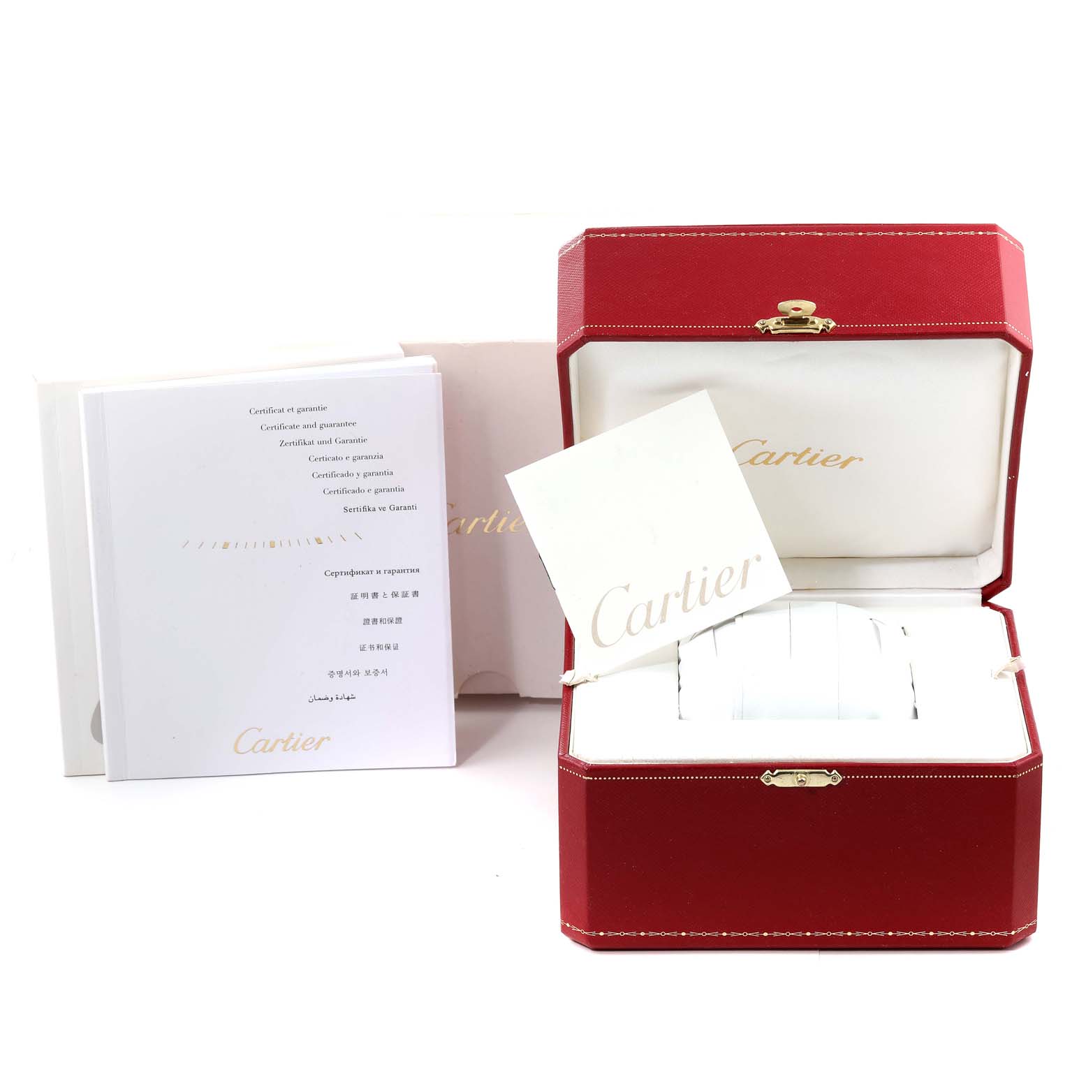 The image shows the packaging, certificates, and booklet for the Cartier Roadster W6206006 Women's Stainless Steel Mother of Pearl Dial W6206006 Women's Stainless Steel Mother of Pearl Dial watch.