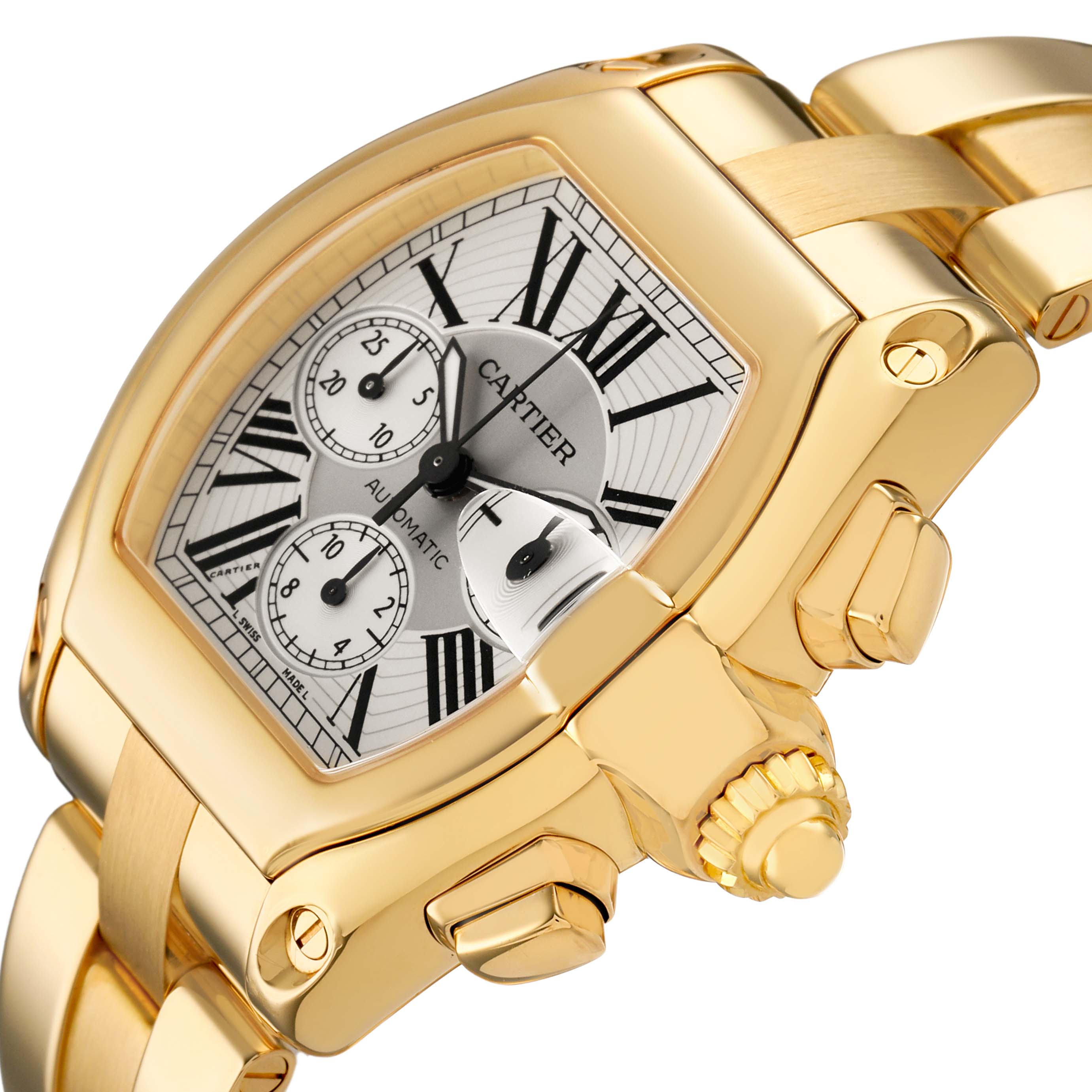 The Cartier Roadster W62021Y2 Men's Yellow Gold Silver Dial watch is shown at a three-quarter angle highlighting the case, crown, and part of the bracelet.