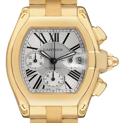The Cartier Roadster W62021Y2 Men's Yellow Gold Silver Dial watch is shown from the front, highlighting its dial, Roman numerals, subdials, and date magnifier.
