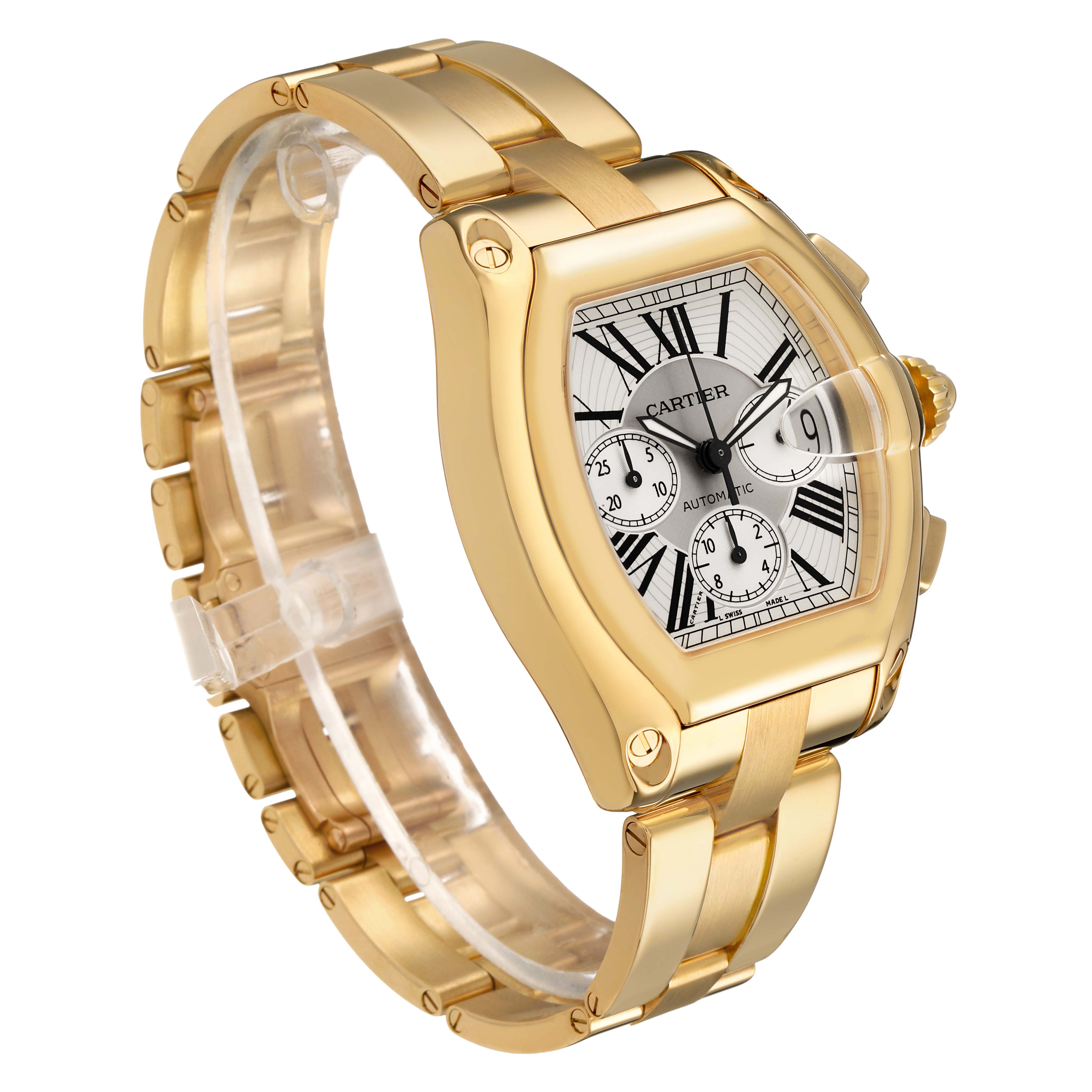 The Cartier Roadster W62021Y2 Men's Yellow Gold Silver Dial watch is shown at a three-quarter angle, highlighting the case, bracelet, and dial features.