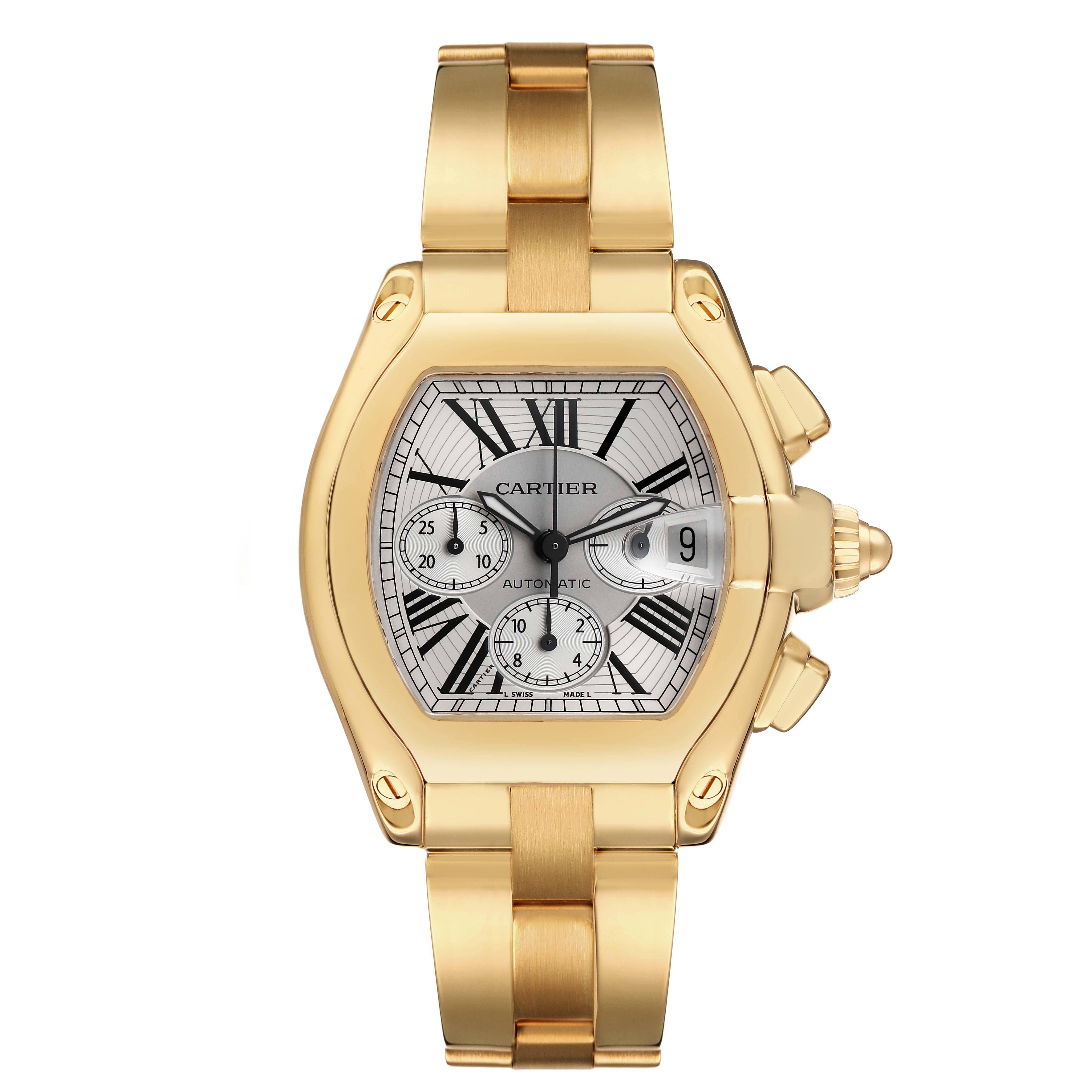 The Cartier Roadster W62021Y2 Men's Yellow Gold Silver Dial watch is shown from a top-down angle, displaying its face, bezel, crown, and bracelet.