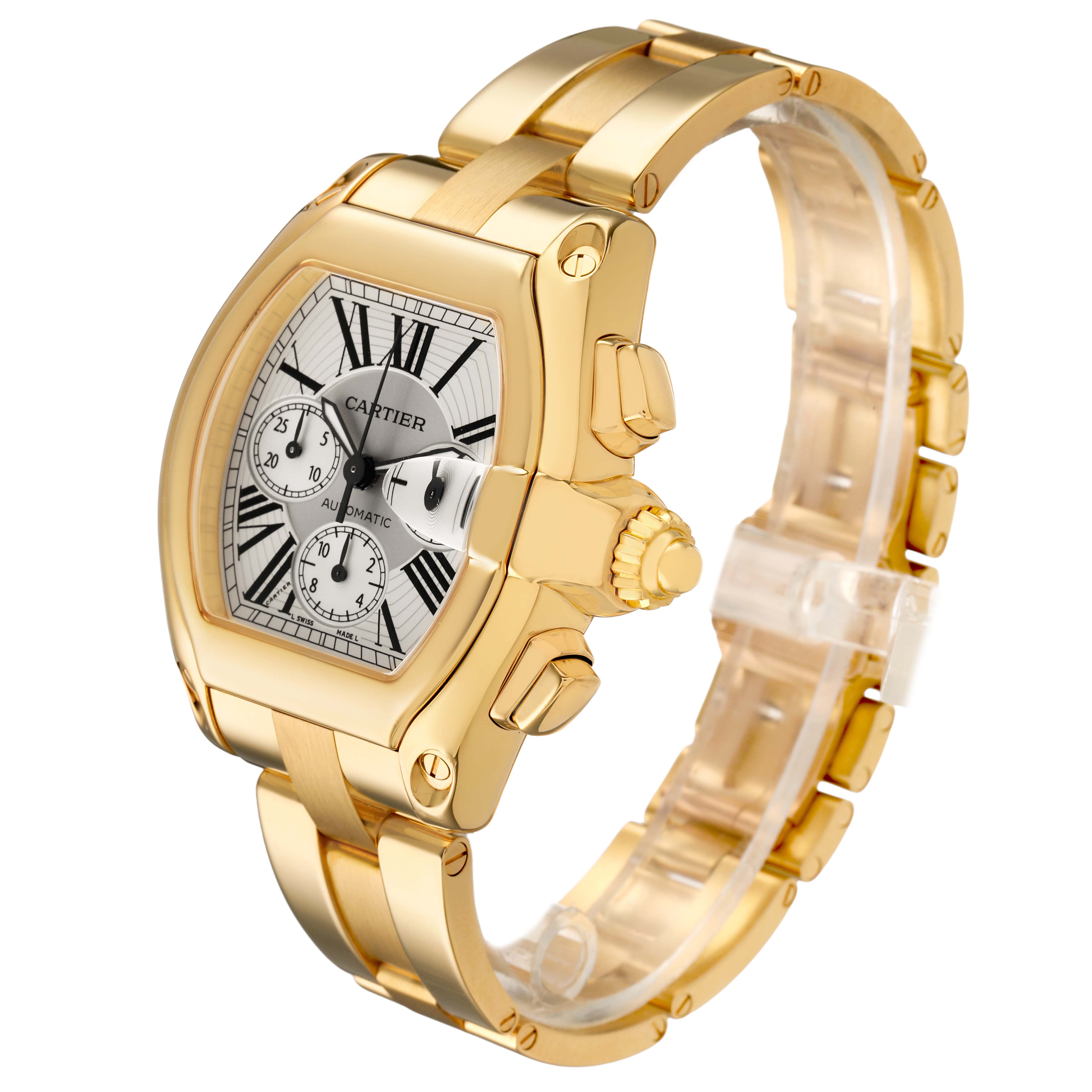 The Cartier Roadster W62021Y2 Men's Yellow Gold Silver Dial watch is shown at a three-quarter angle, highlighting the case, crown, bracelet, and dial details.
