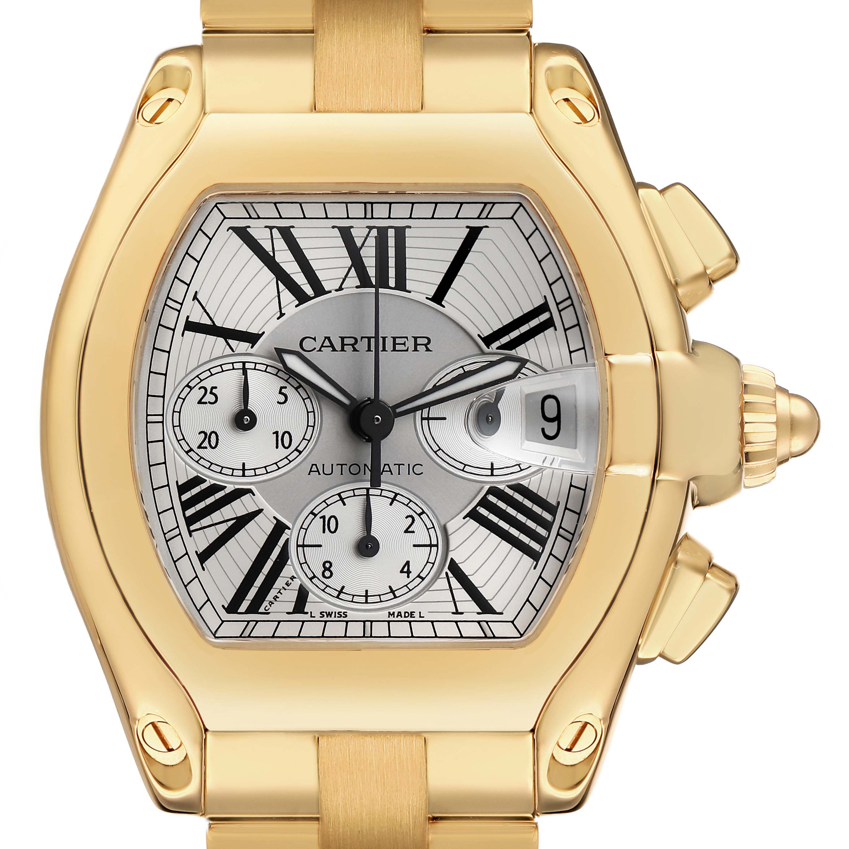 The Cartier Roadster W62021Y2 Men's Yellow Gold Silver Dial watch is shown from the front, displaying the dial, case, crown, and push-buttons.
