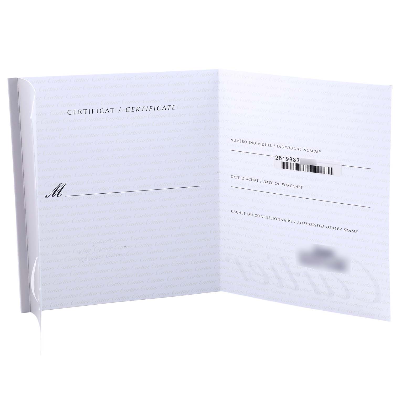The image shows the open certificate booklet for the Cartier Roadster W62021Y2 Men's Yellow Gold Silver Dial watch, displaying its individual number and purchase details.