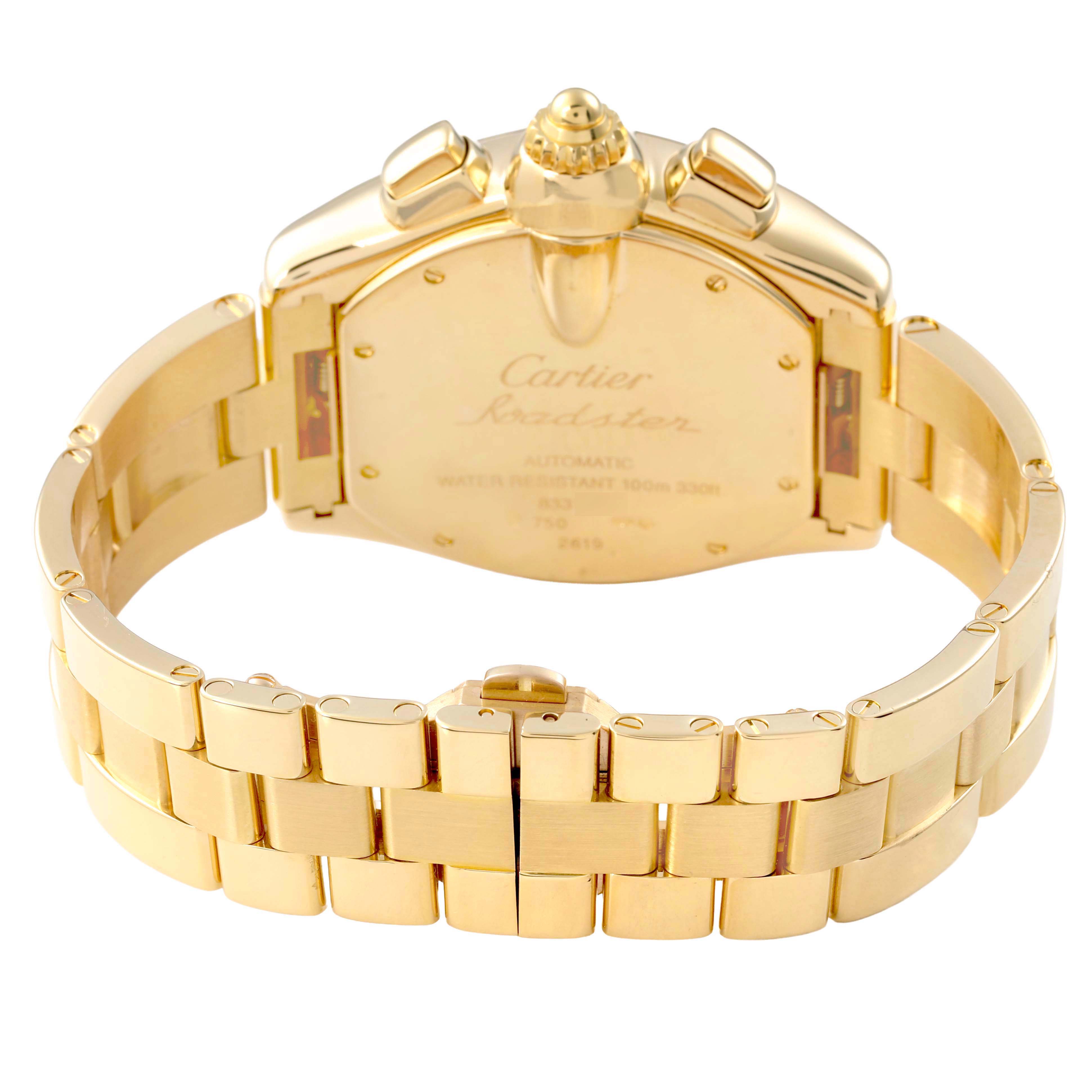 The image shows the back and bracelet of a Cartier Roadster W62021Y2 Men's Yellow Gold Silver Dial watch, highlighting the clasp and caseback details.