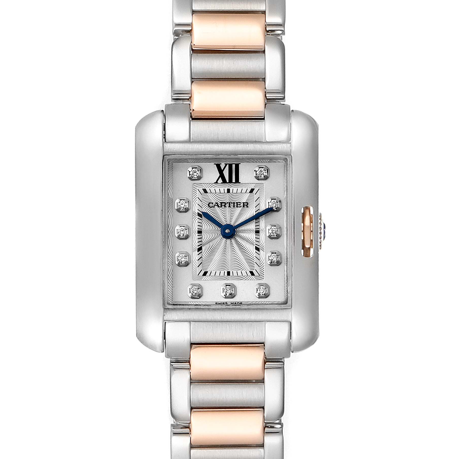 The image shows a front view of the Cartier Tank Anglaise WT100024 Women's Steel and Gold (two tone) Silver Dial WT100024 Women's Steel and Gold (two tone) Silver Dial watch, highlighting the dial, casing, and bracelet.