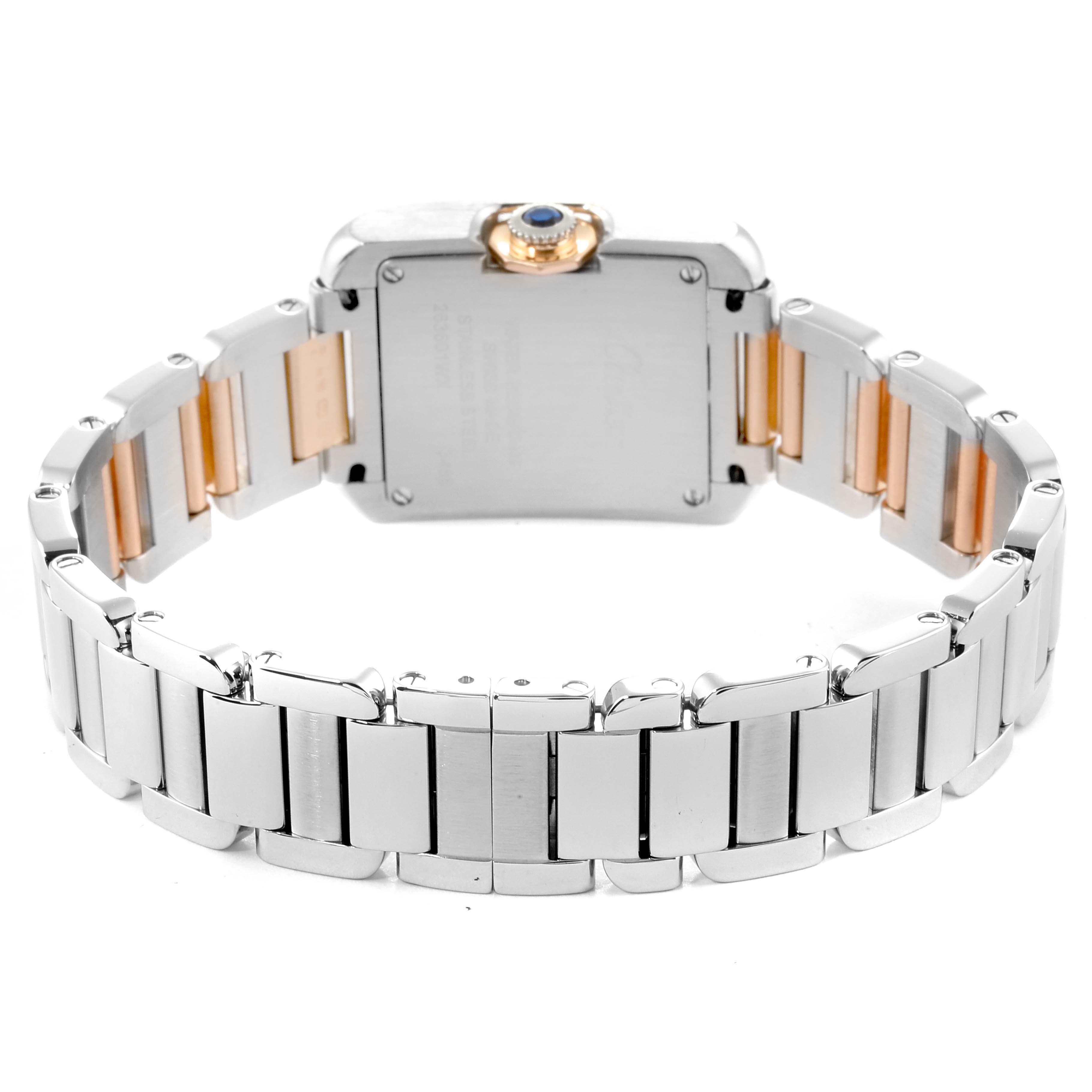 The image shows the back and band of the Cartier Tank Anglaise WT100024 Women's Steel and Gold (two tone) Silver Dial WT100024 Women's Steel and Gold (two tone) Silver Dial watch at a rear angle.