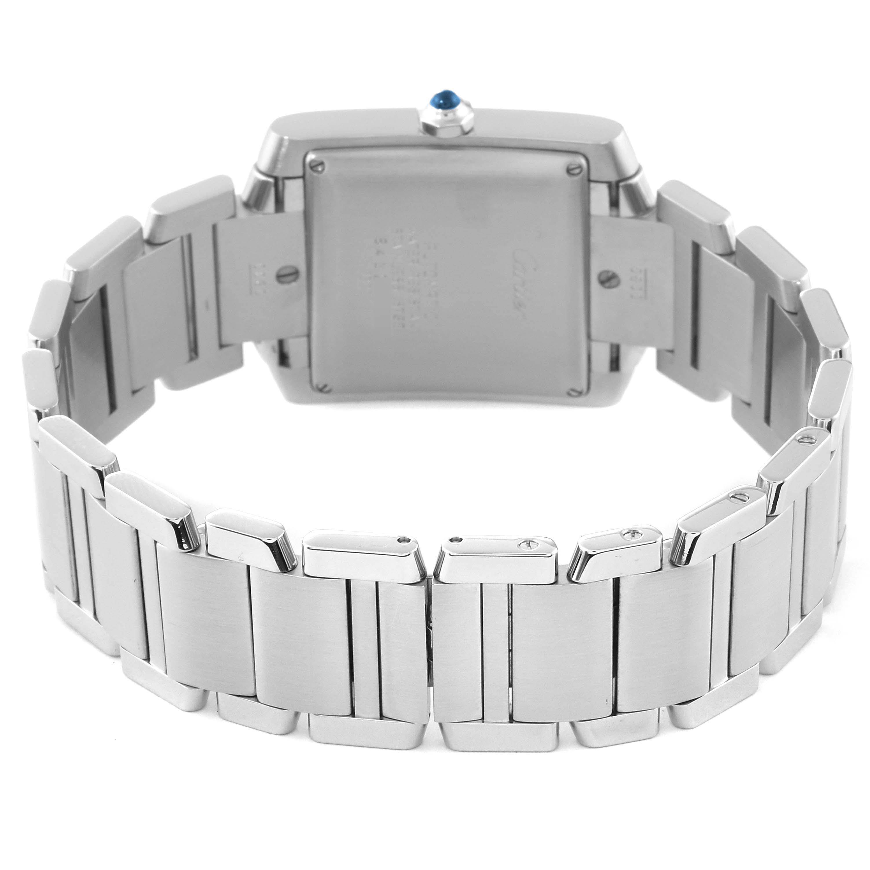 This image shows the back case and bracelet of the Cartier Tank Francaise W51002Q3 Men's Stainless Steel Silver Dial W51002Q3 Men's Stainless Steel Silver Dial watch from an open-back angle.