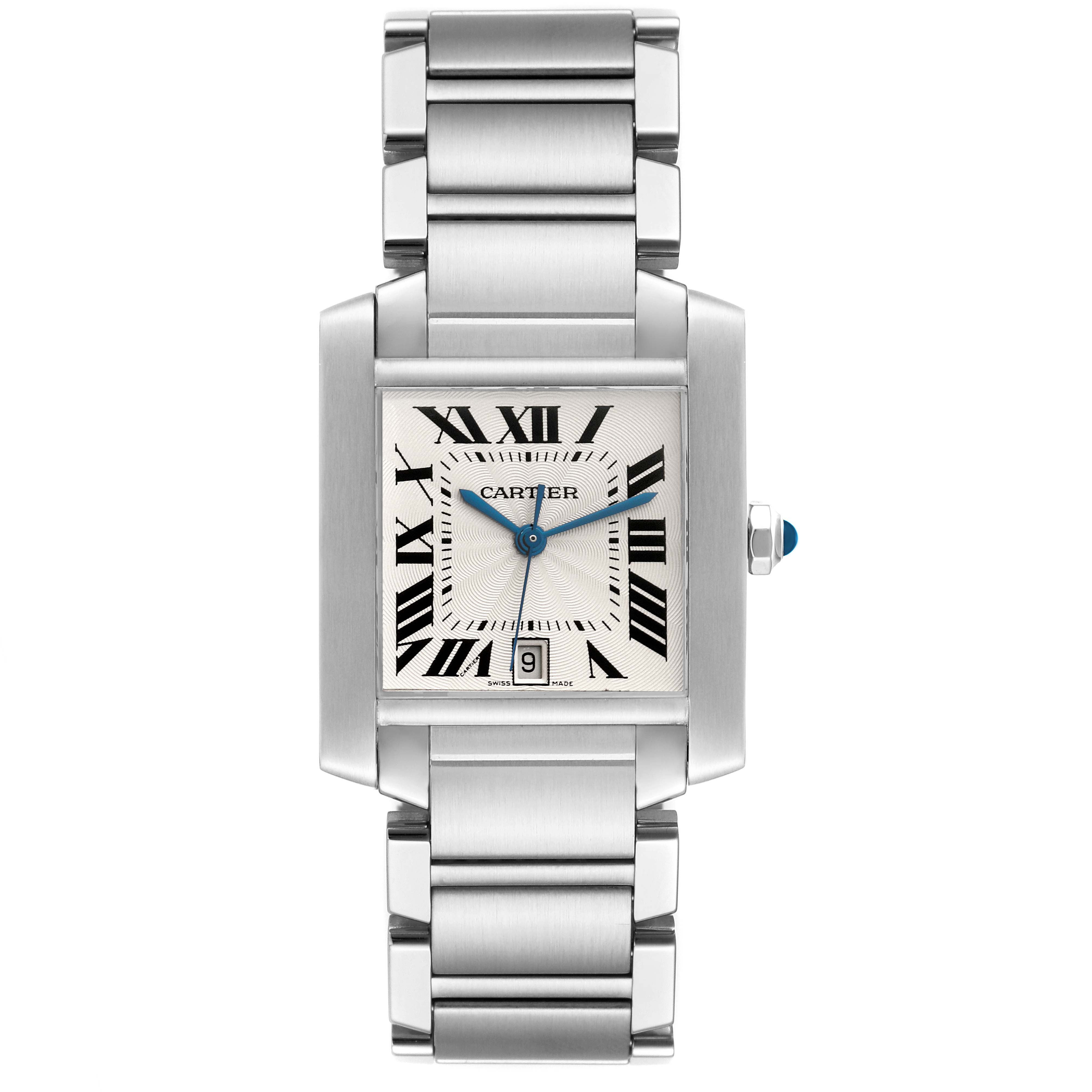 The image shows a frontal view of the Cartier Tank Française watch, displaying its face, bracelet, and crown.