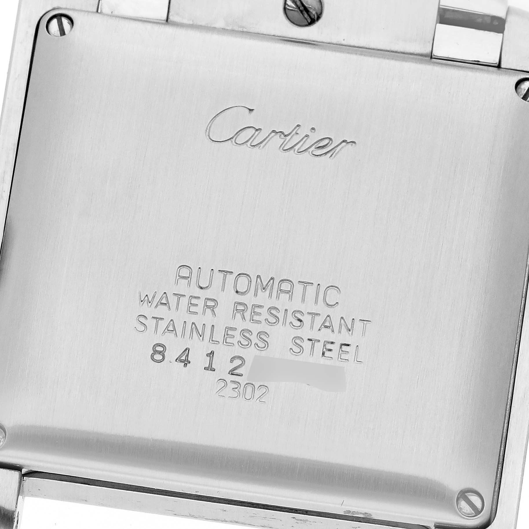 This is the back case of a Cartier Tank Francaise W51002Q3 Men's Stainless Steel Silver Dial W51002Q3 Men's Stainless Steel Silver Dial watch, showing the brand name, model, and specifications.